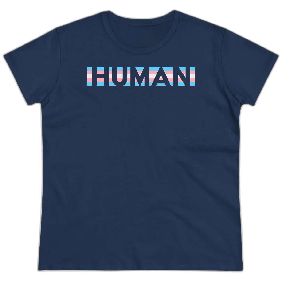 Large white letters spelling 'HUMAN' filled with horizontal blue, pink, and white stripes on gray background in Navy