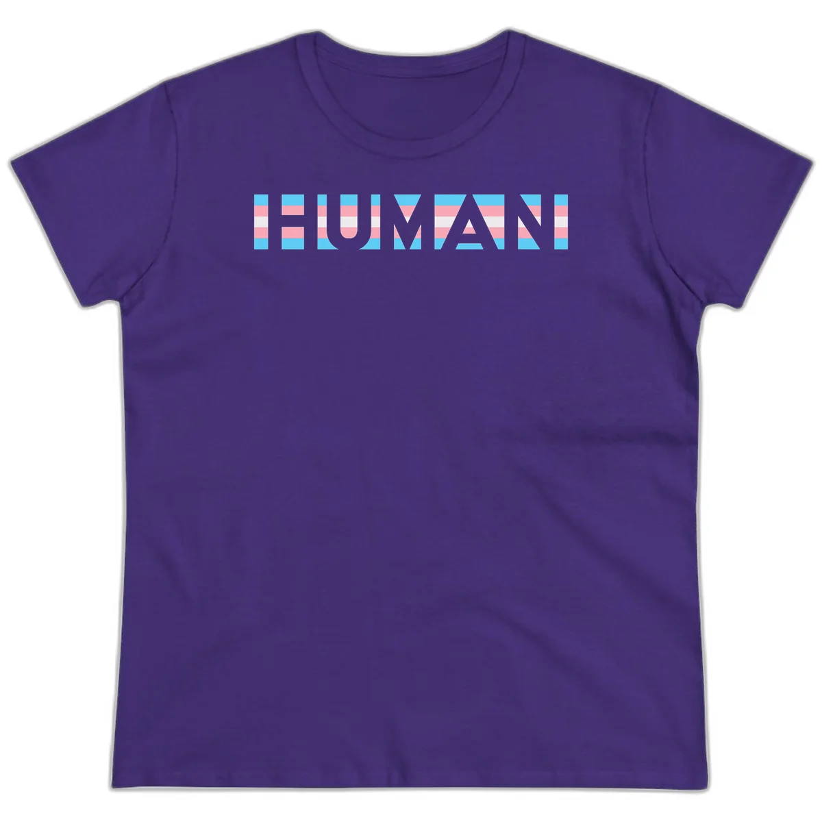 Large white letters spelling 'HUMAN' filled with horizontal blue, pink, and white stripes on gray background in Purple
