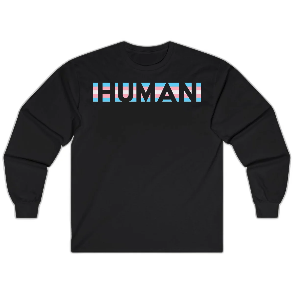 Large white letters spelling 'HUMAN' filled with horizontal blue, pink, and white stripes on gray background in Black