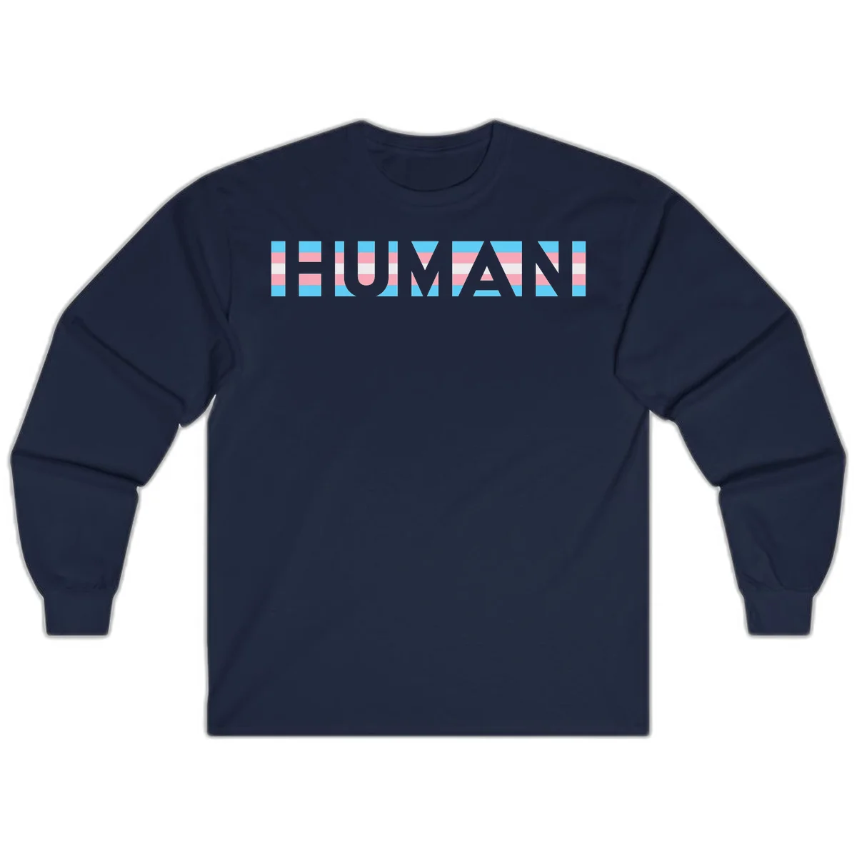 Large white letters spelling 'HUMAN' filled with horizontal blue, pink, and white stripes on gray background in Navy