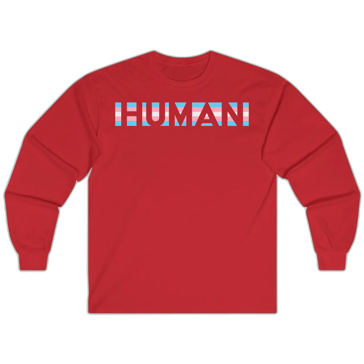 Large white letters spelling 'HUMAN' filled with horizontal blue, pink, and white stripes on gray background in Red