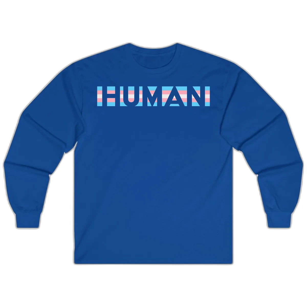 Large white letters spelling 'HUMAN' filled with horizontal blue, pink, and white stripes on gray background in Royal