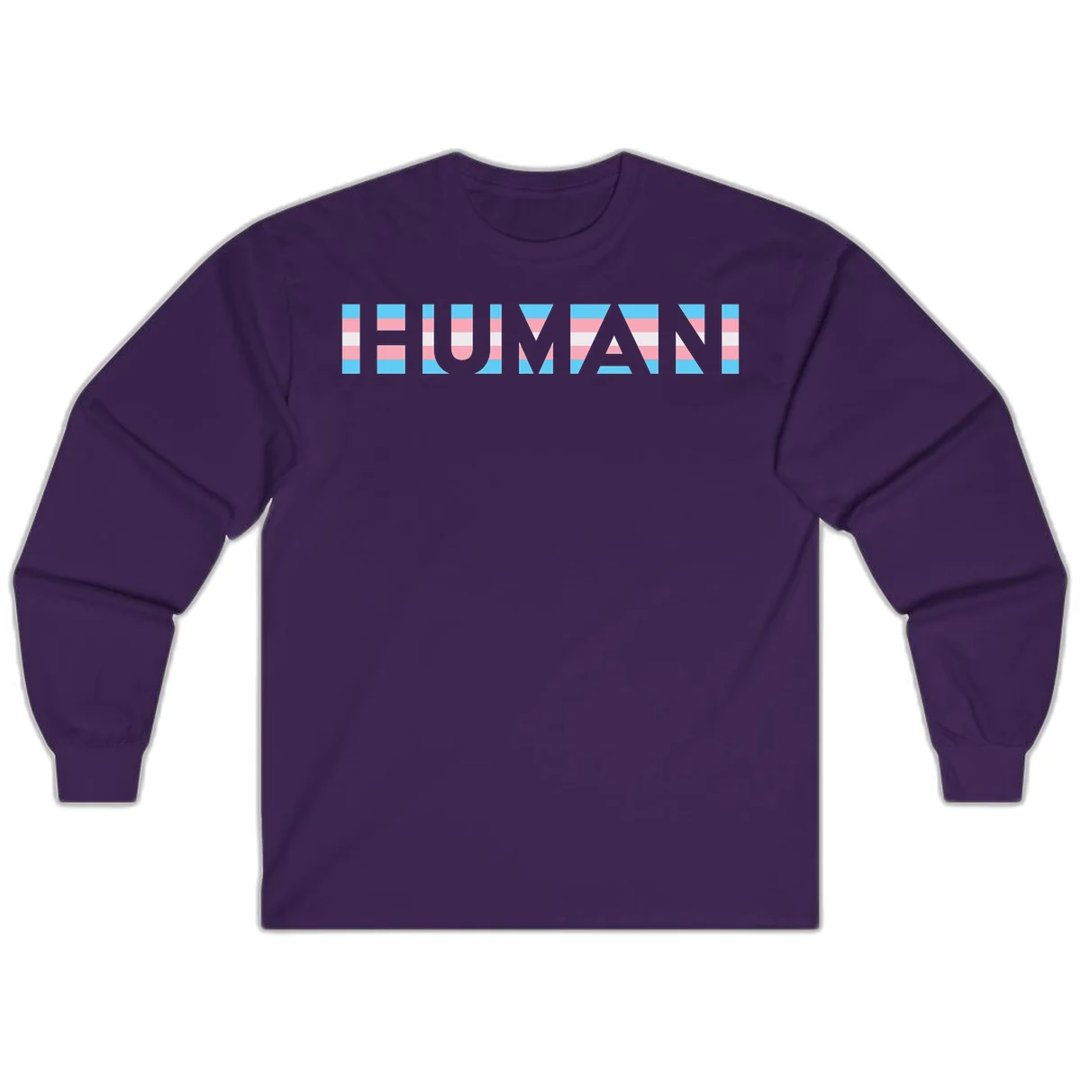 Large white letters spelling 'HUMAN' filled with horizontal blue, pink, and white stripes on gray background in Purple