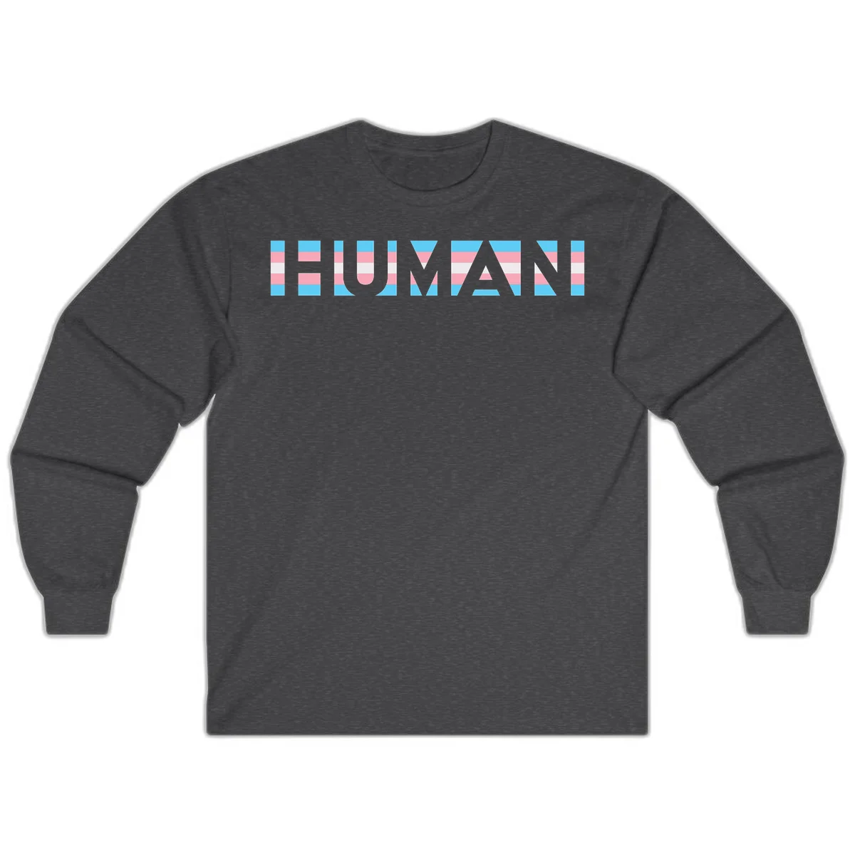 Large white letters spelling 'HUMAN' filled with horizontal blue, pink, and white stripes on gray background in Dark Heather