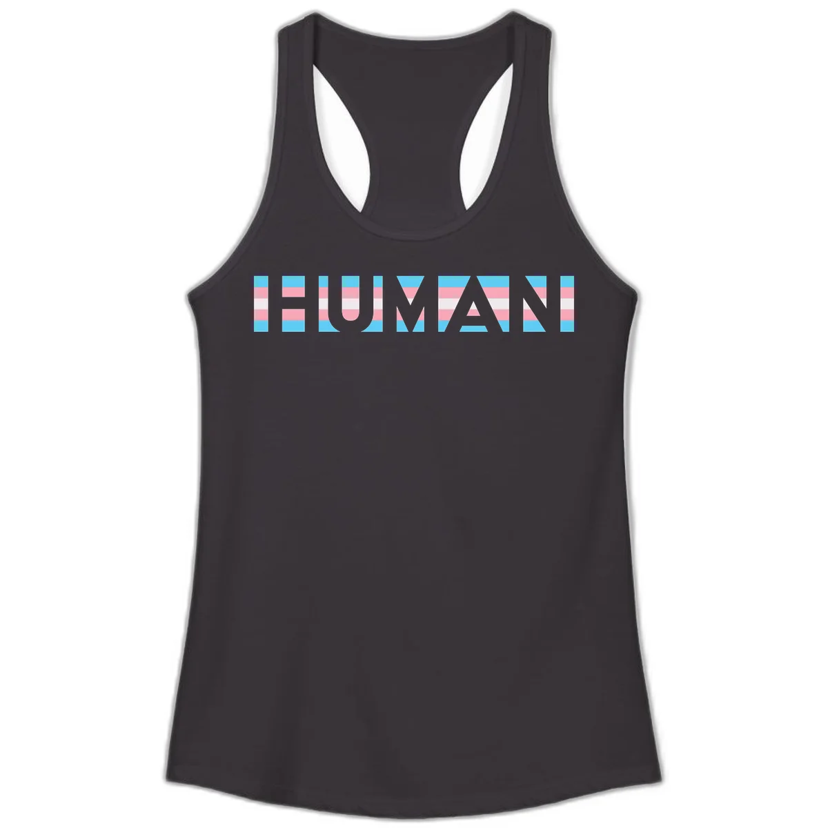 Large white letters spelling 'HUMAN' filled with horizontal blue, pink, and white stripes on gray background in Black