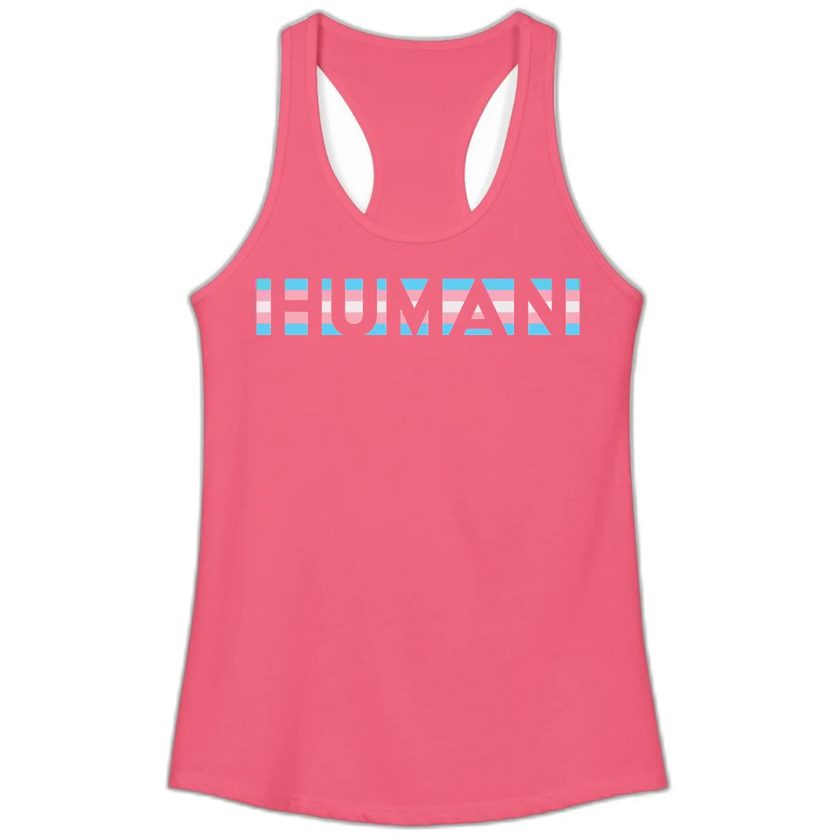 Large white letters spelling 'HUMAN' filled with horizontal blue, pink, and white stripes on gray background in Hot Pink