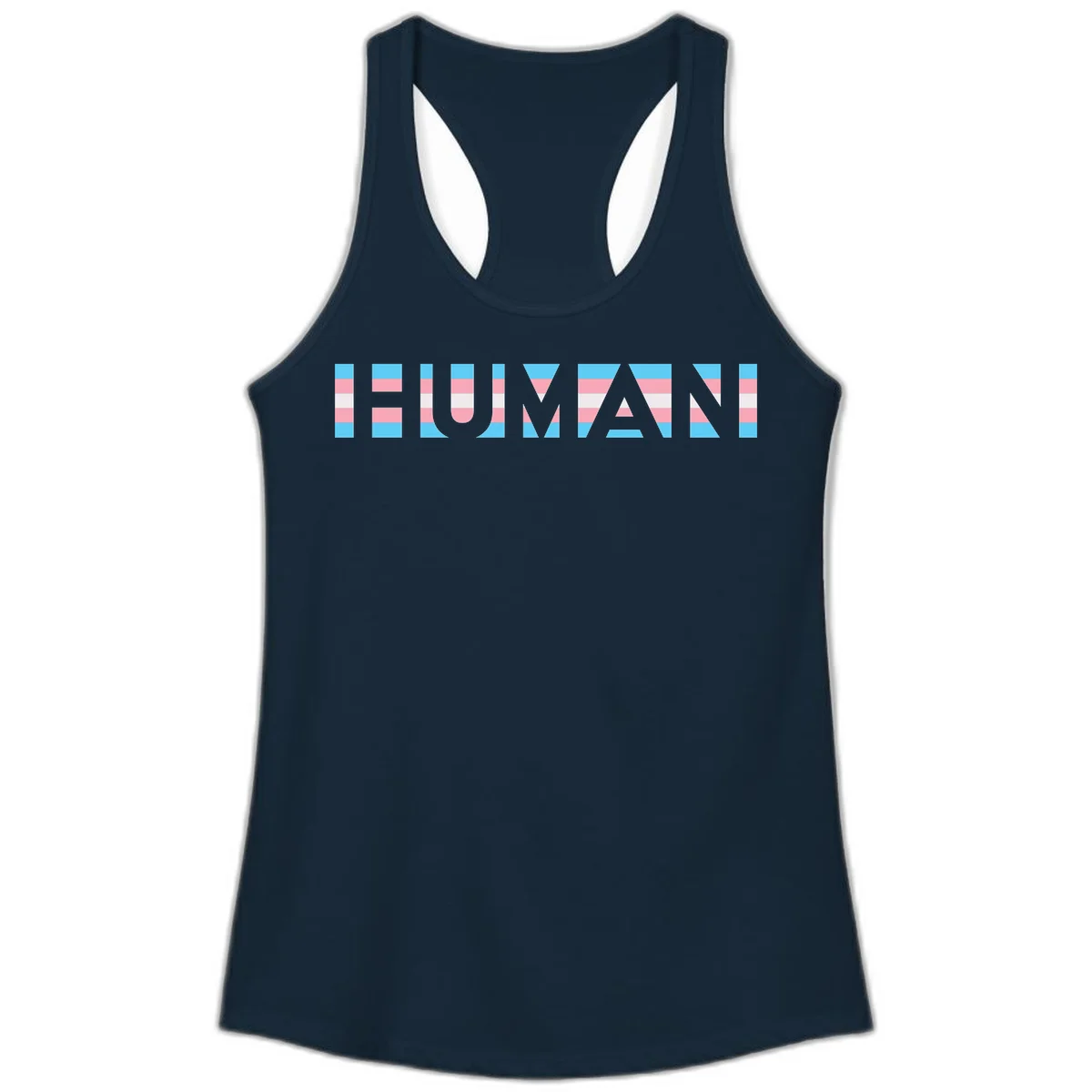 Large white letters spelling 'HUMAN' filled with horizontal blue, pink, and white stripes on gray background in Solid Midnight Navy