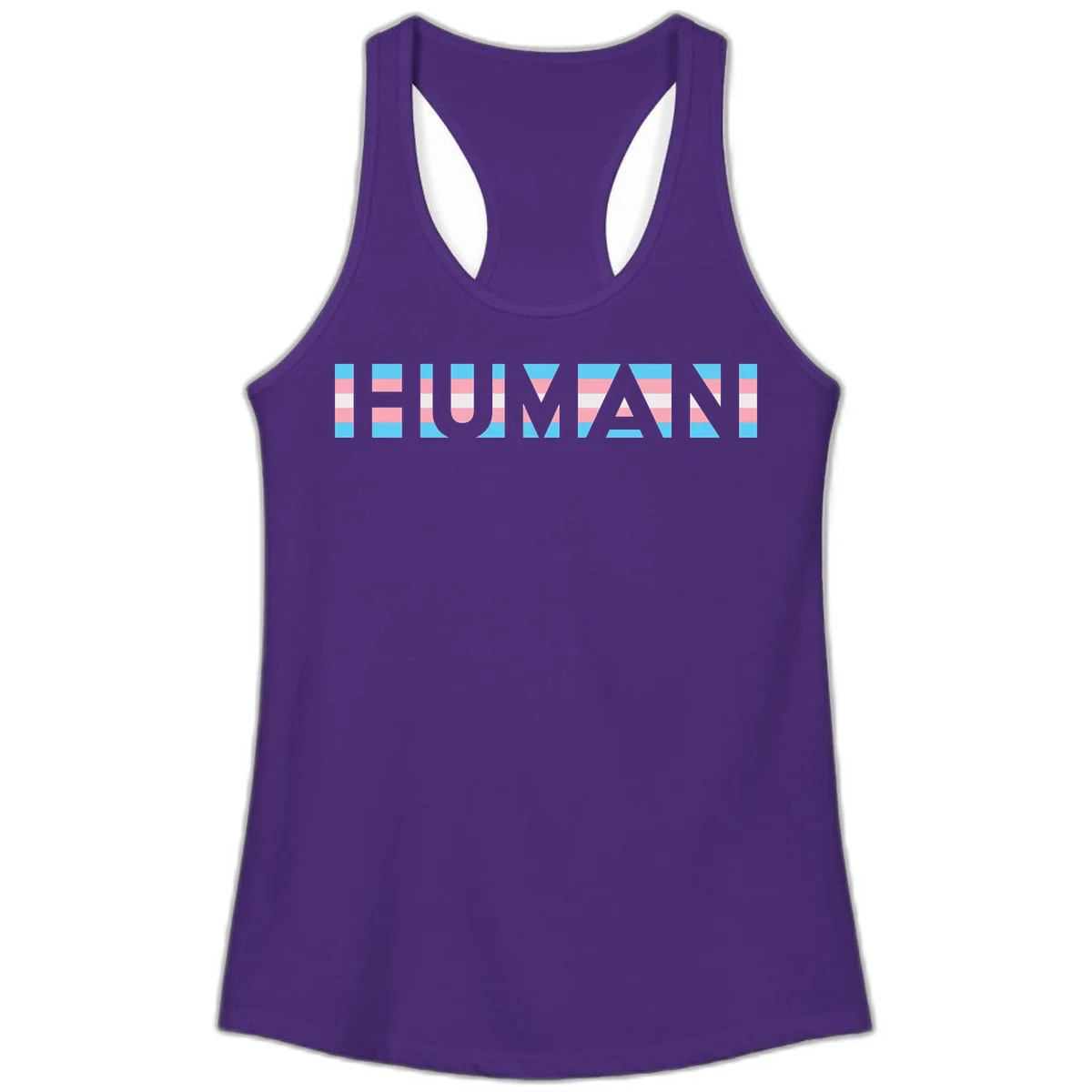 Large white letters spelling 'HUMAN' filled with horizontal blue, pink, and white stripes on gray background in Solid Purple Rush