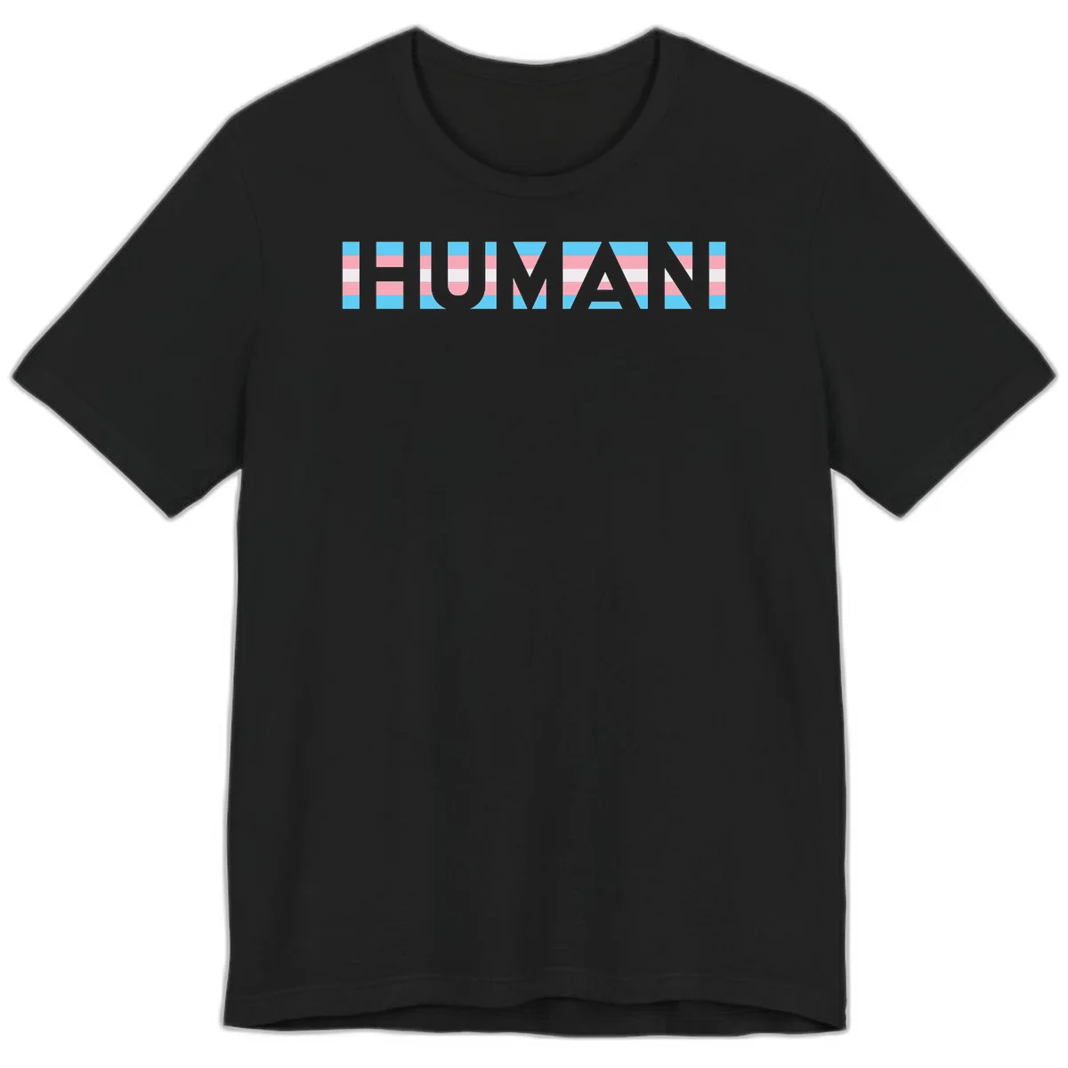 Large white letters spelling 'HUMAN' filled with horizontal blue, pink, and white stripes on gray background in Black