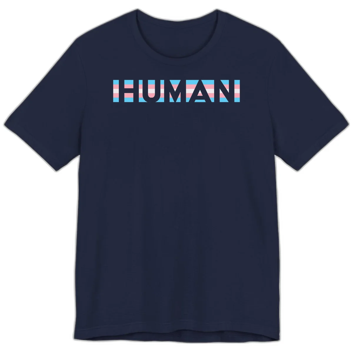 Large white letters spelling 'HUMAN' filled with horizontal blue, pink, and white stripes on gray background in Navy