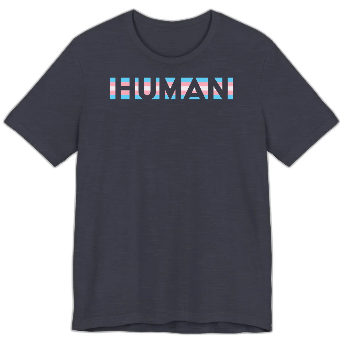 Large white letters spelling 'HUMAN' filled with horizontal blue, pink, and white stripes on gray background in Heather Midnight Navy