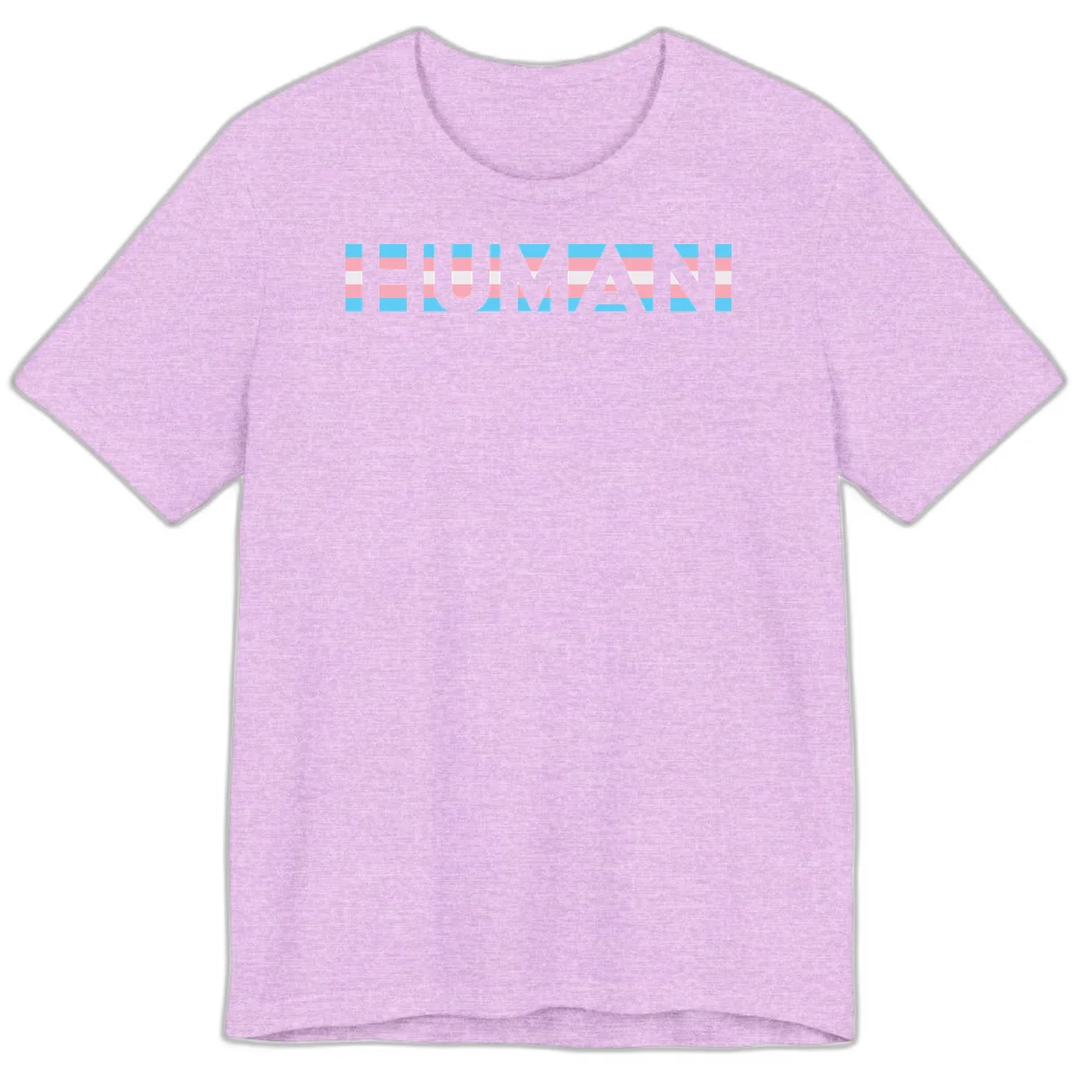Large white letters spelling 'HUMAN' filled with horizontal blue, pink, and white stripes on gray background in Heather Prism Lilac