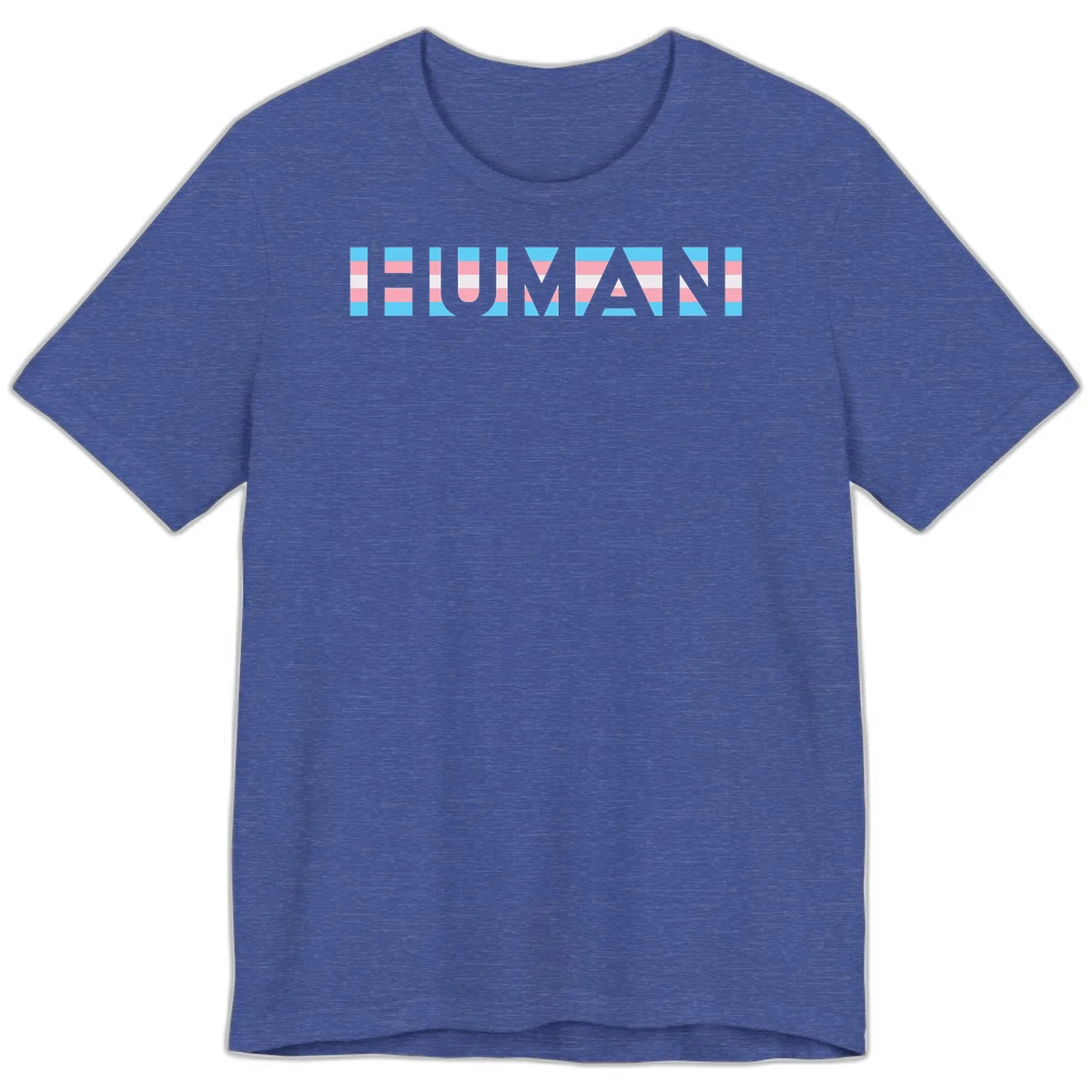 Large white letters spelling 'HUMAN' filled with horizontal blue, pink, and white stripes on gray background in Heather True Royal