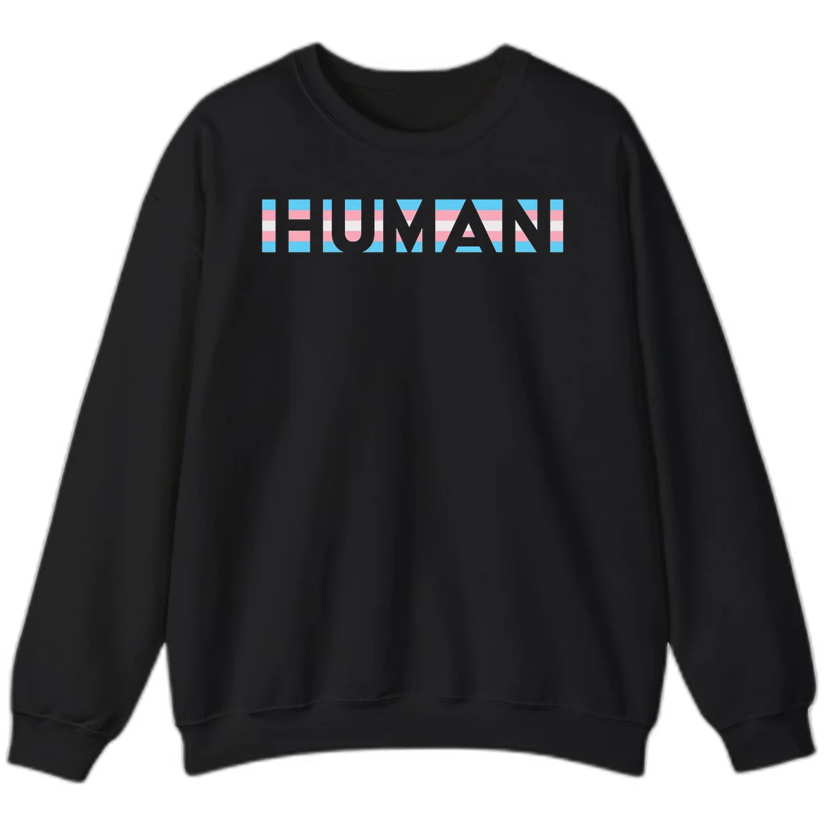 Large white letters spelling 'HUMAN' filled with horizontal blue, pink, and white stripes on gray background in Black
