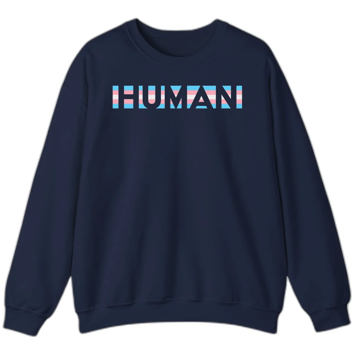 Large white letters spelling 'HUMAN' filled with horizontal blue, pink, and white stripes on gray background in Navy