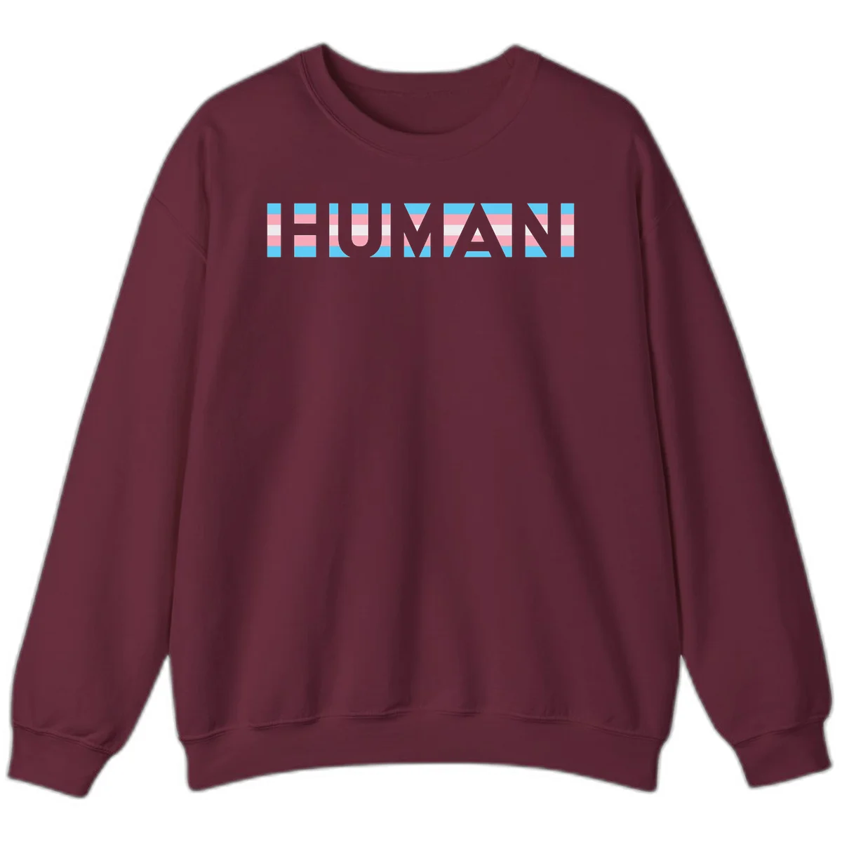 Large white letters spelling 'HUMAN' filled with horizontal blue, pink, and white stripes on gray background in Maroon