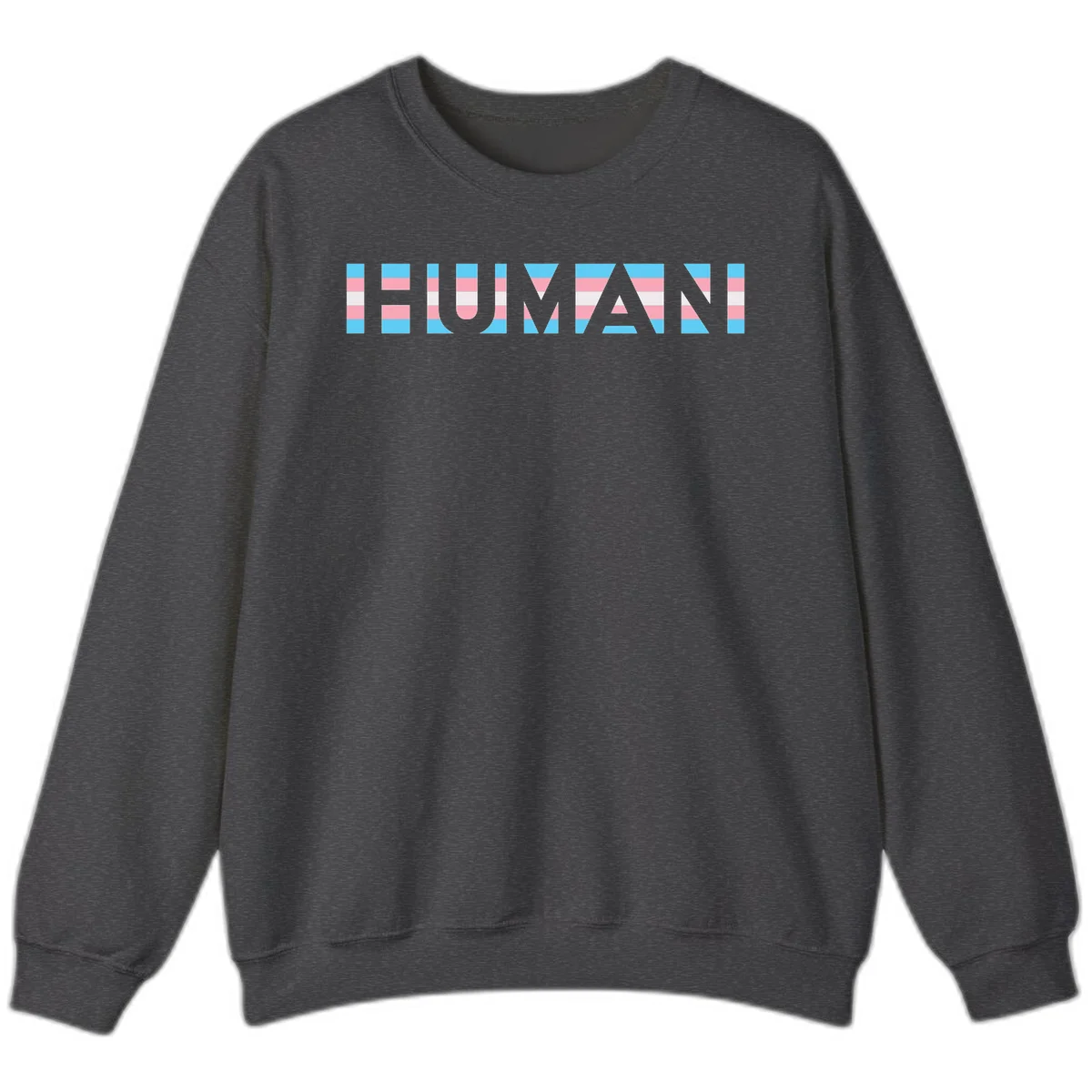 Large white letters spelling 'HUMAN' filled with horizontal blue, pink, and white stripes on gray background in Dark Heather