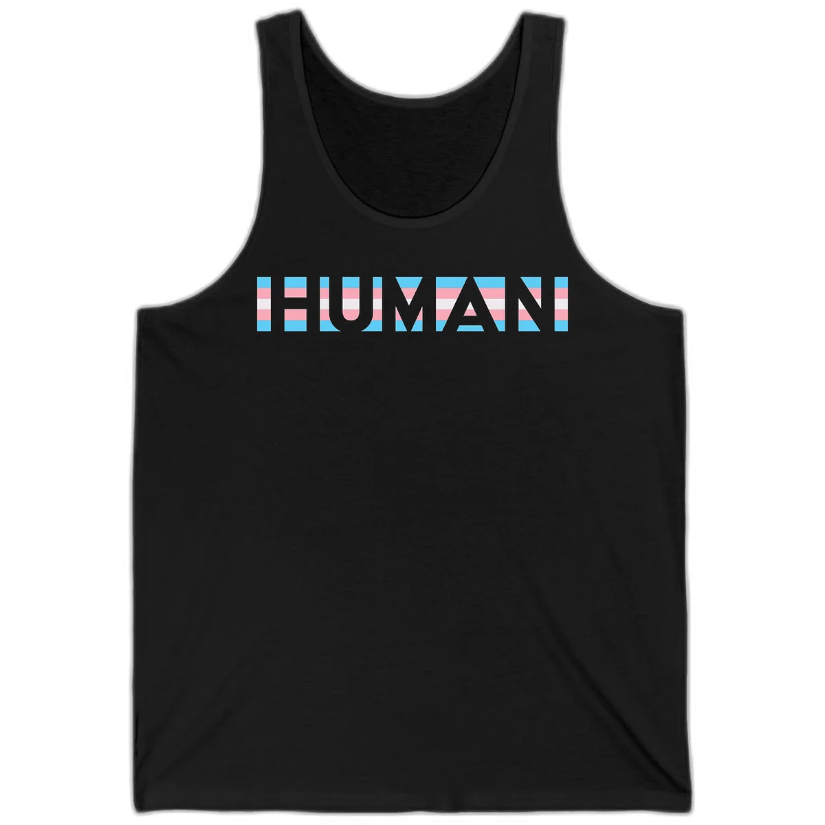 Large white letters spelling 'HUMAN' filled with horizontal blue, pink, and white stripes on gray background in Black
