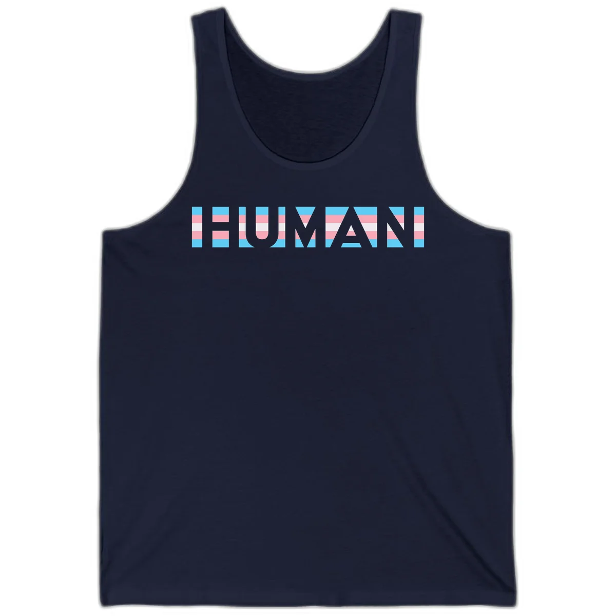 Large white letters spelling 'HUMAN' filled with horizontal blue, pink, and white stripes on gray background in Navy