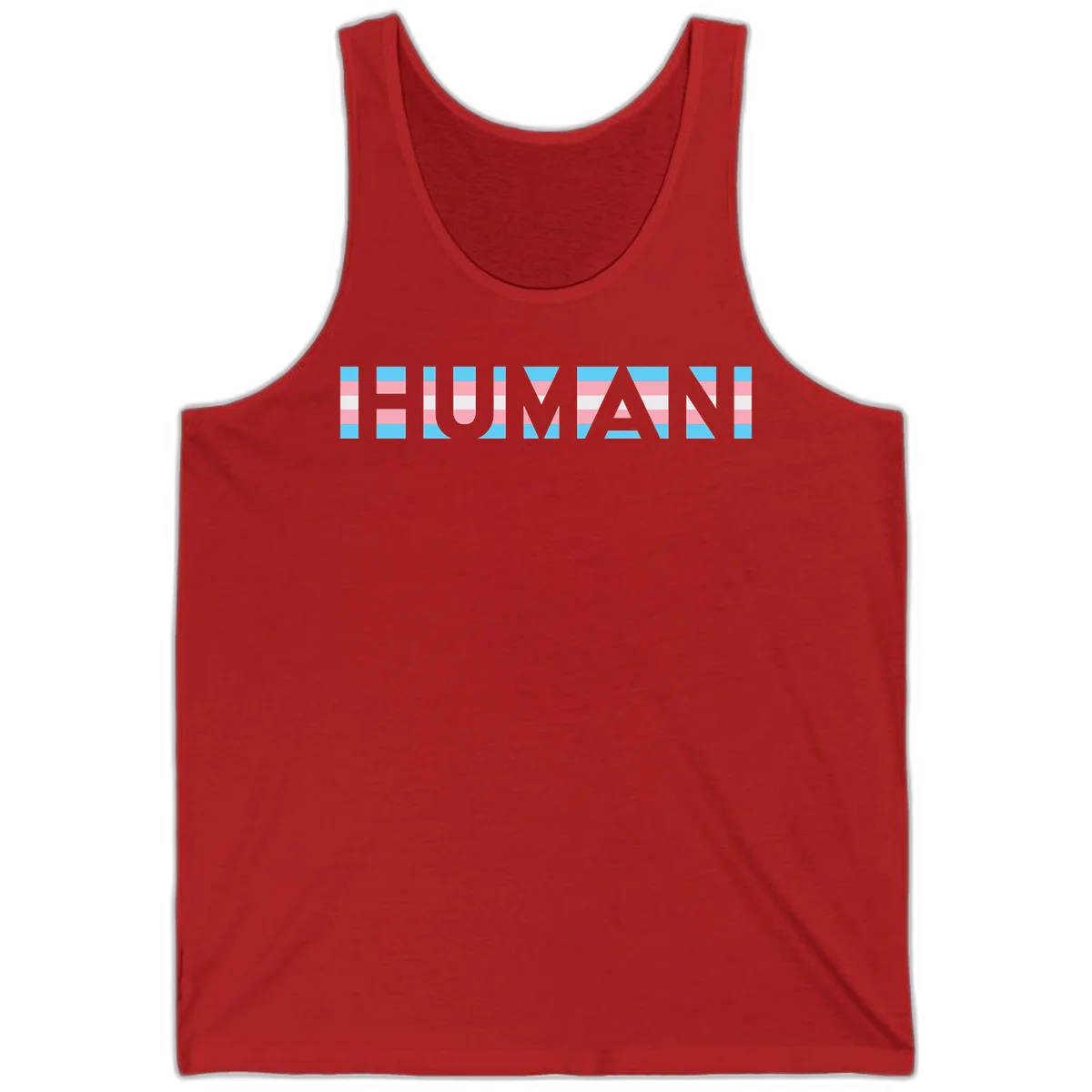 Large white letters spelling 'HUMAN' filled with horizontal blue, pink, and white stripes on gray background in Red