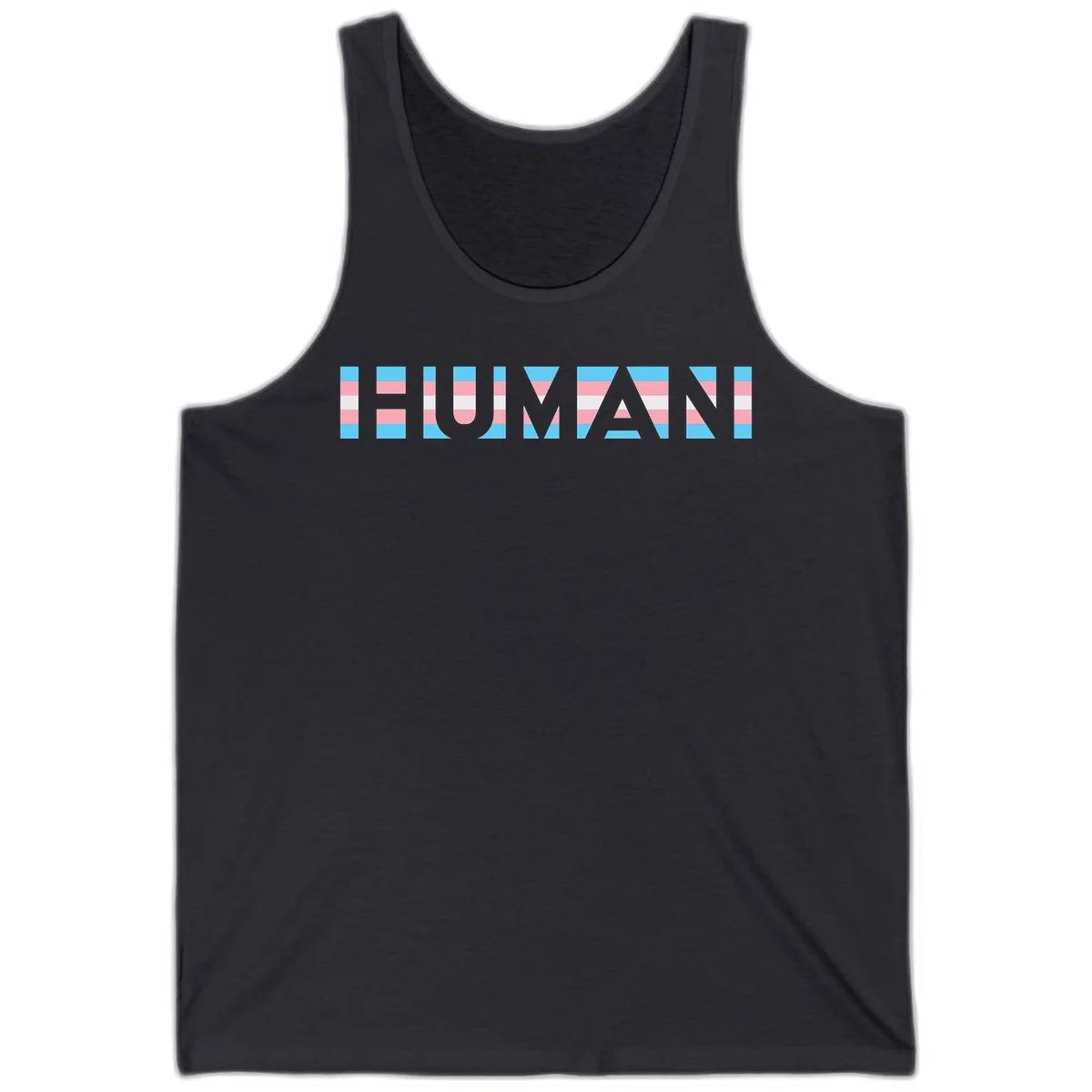 Large white letters spelling 'HUMAN' filled with horizontal blue, pink, and white stripes on gray background in Dark Grey