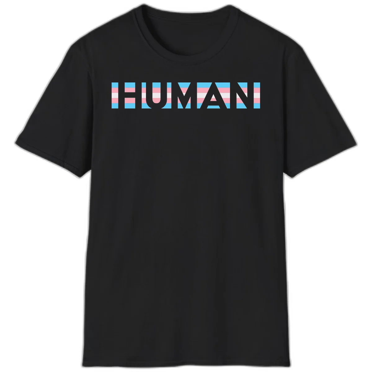 Large white letters spelling 'HUMAN' filled with horizontal blue, pink, and white stripes on gray background in Black