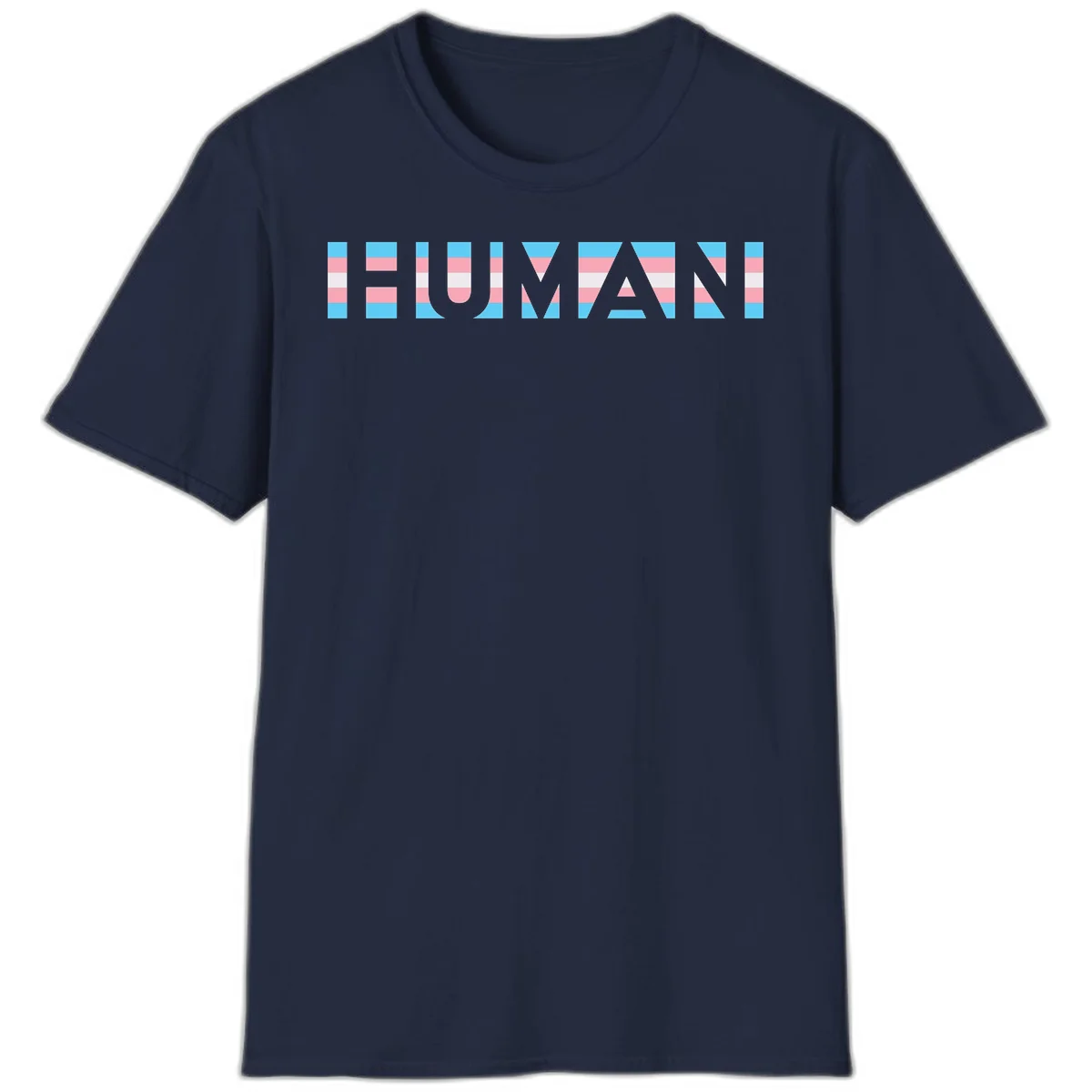 Large white letters spelling 'HUMAN' filled with horizontal blue, pink, and white stripes on gray background in Navy