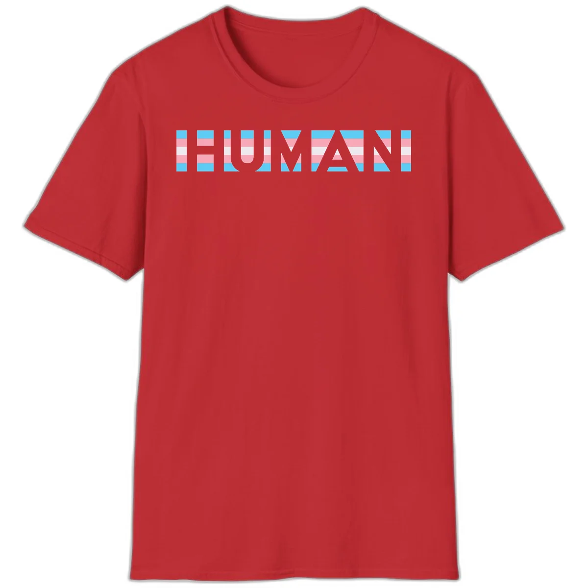Large white letters spelling 'HUMAN' filled with horizontal blue, pink, and white stripes on gray background in Red
