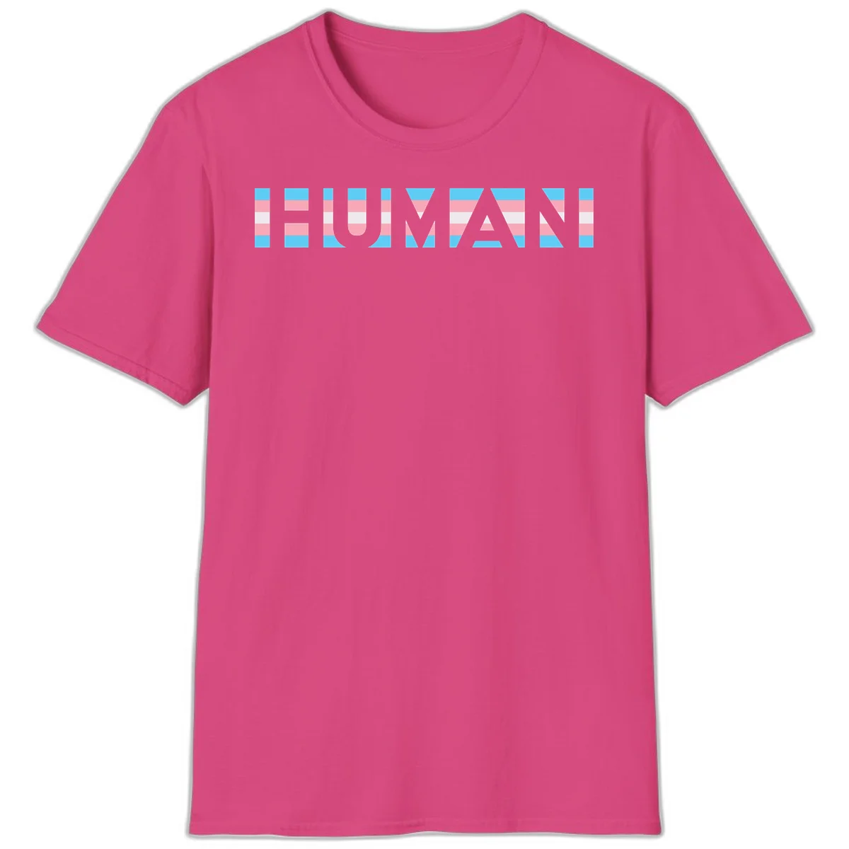 Large white letters spelling 'HUMAN' filled with horizontal blue, pink, and white stripes on gray background in Heliconia