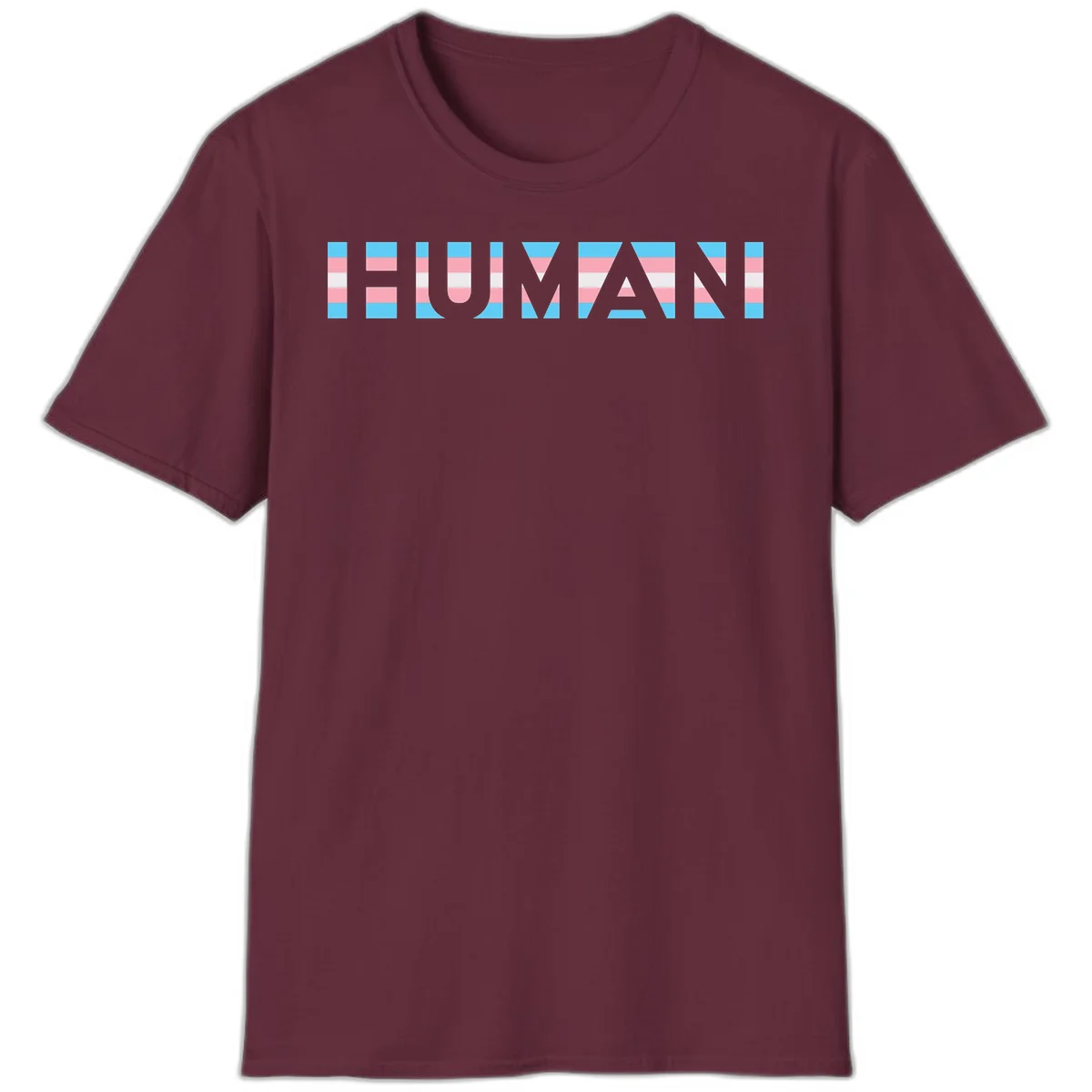 Large white letters spelling 'HUMAN' filled with horizontal blue, pink, and white stripes on gray background in Maroon
