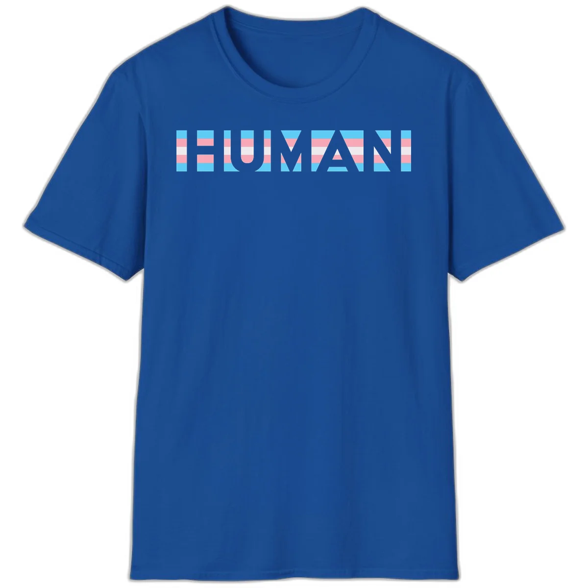 Large white letters spelling 'HUMAN' filled with horizontal blue, pink, and white stripes on gray background in Royal