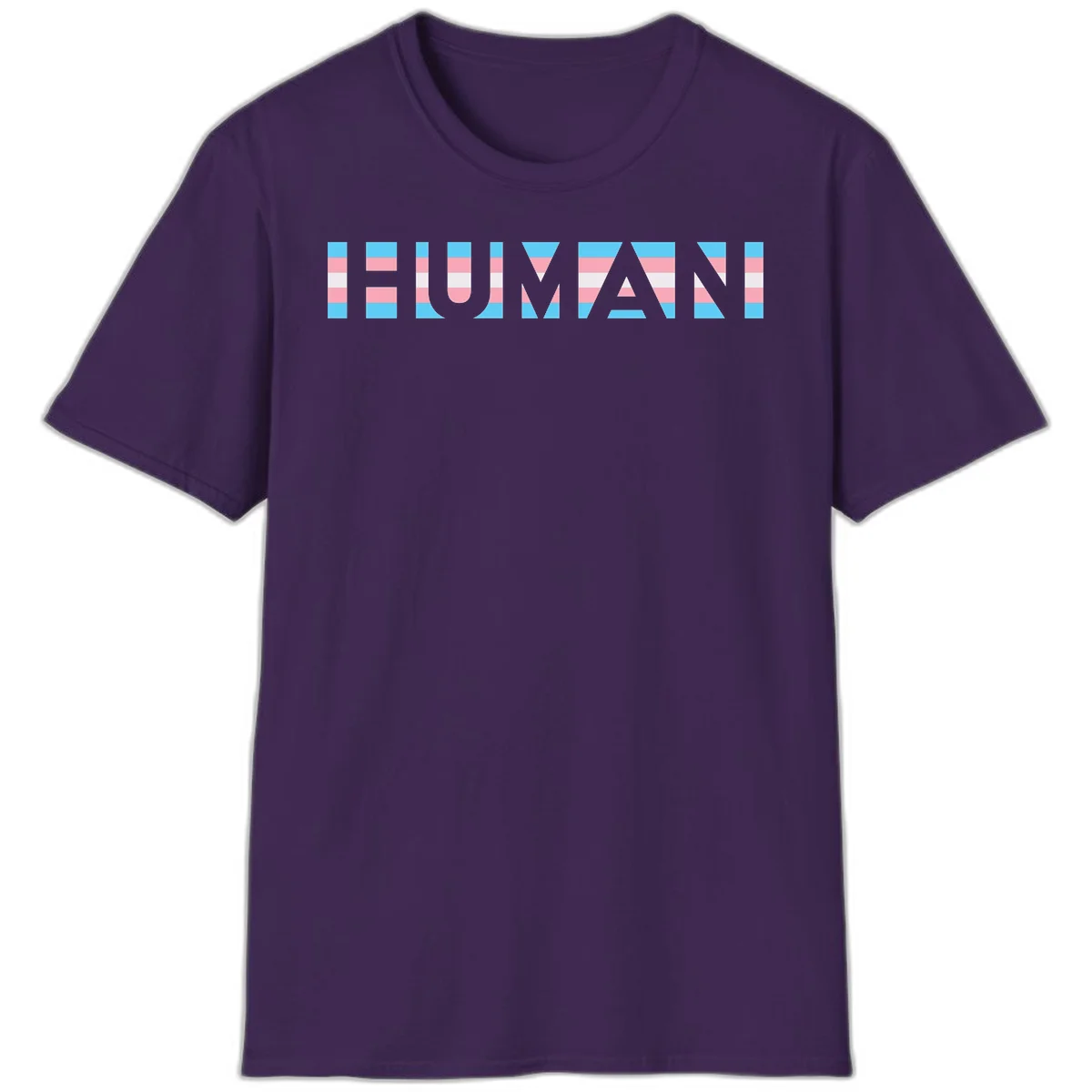 Large white letters spelling 'HUMAN' filled with horizontal blue, pink, and white stripes on gray background in Purple