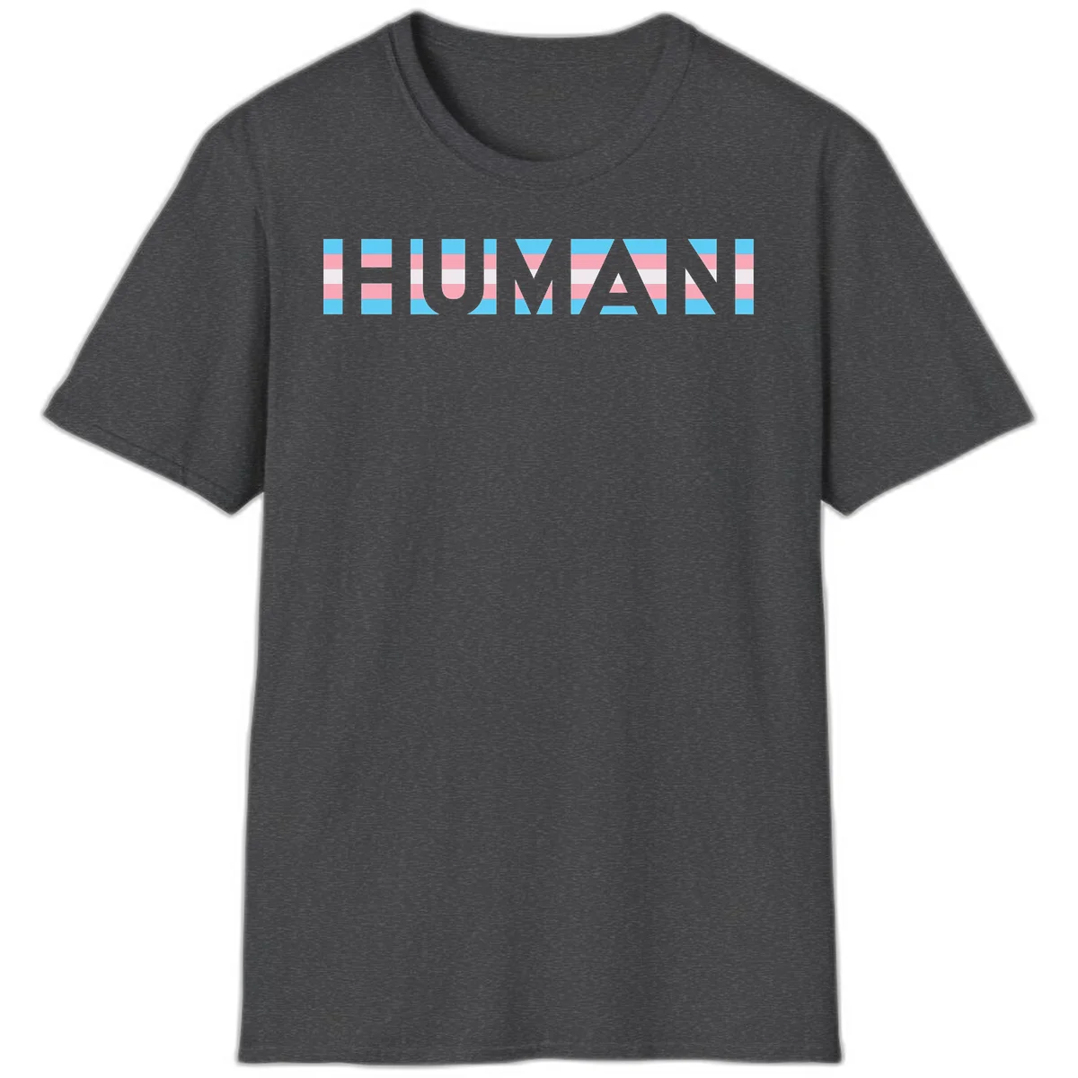 Large white letters spelling 'HUMAN' filled with horizontal blue, pink, and white stripes on gray background in Dark Heather