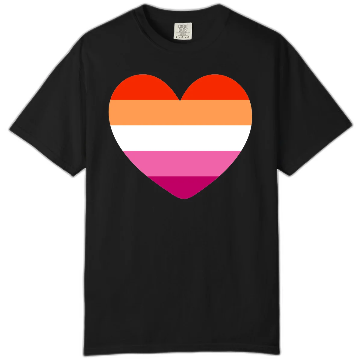 Heart shape filled with horizontal stripes in lesbian pride flag colors: red, orange, white, pink, and magenta in Black