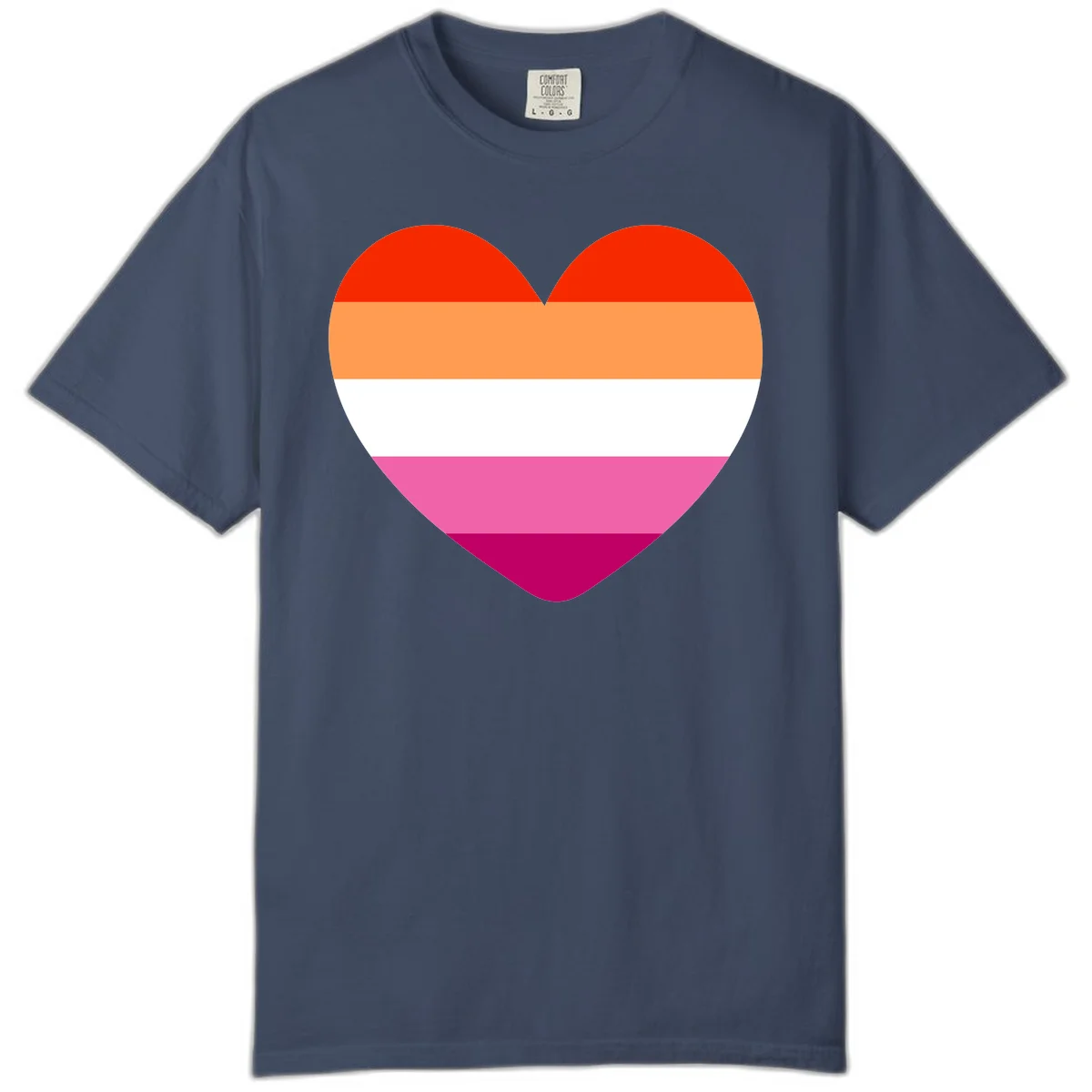 Heart shape filled with horizontal stripes in lesbian pride flag colors: red, orange, white, pink, and magenta in Midnight