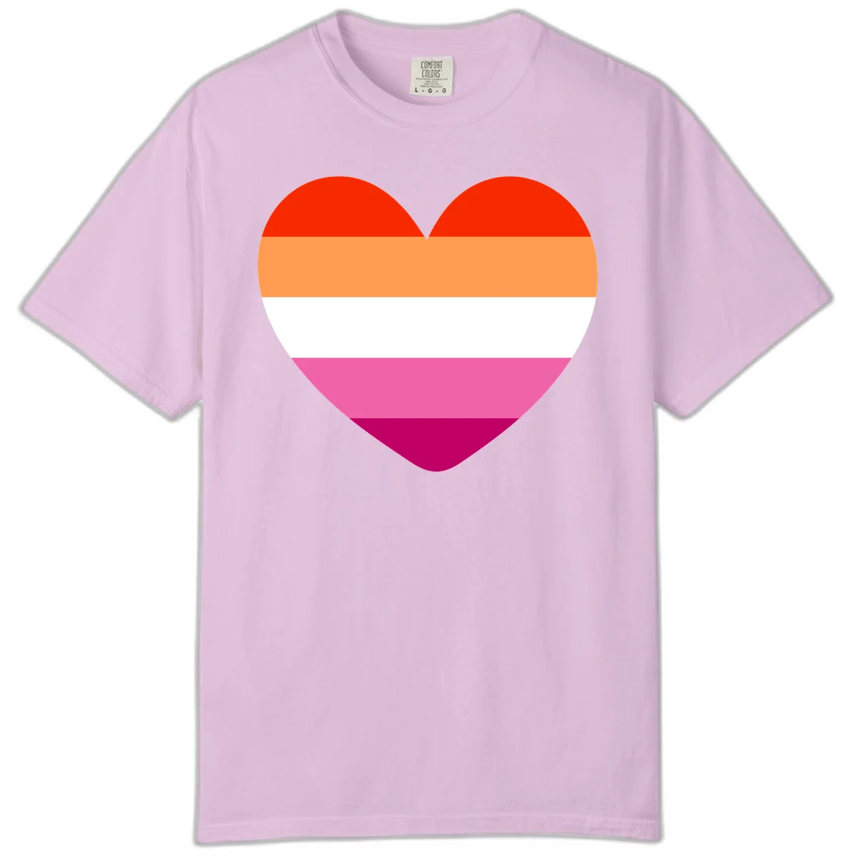 Heart shape filled with horizontal stripes in lesbian pride flag colors: red, orange, white, pink, and magenta in Orchid
