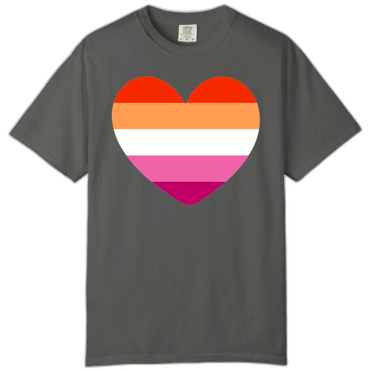 Heart shape filled with horizontal stripes in lesbian pride flag colors: red, orange, white, pink, and magenta in Pepper
