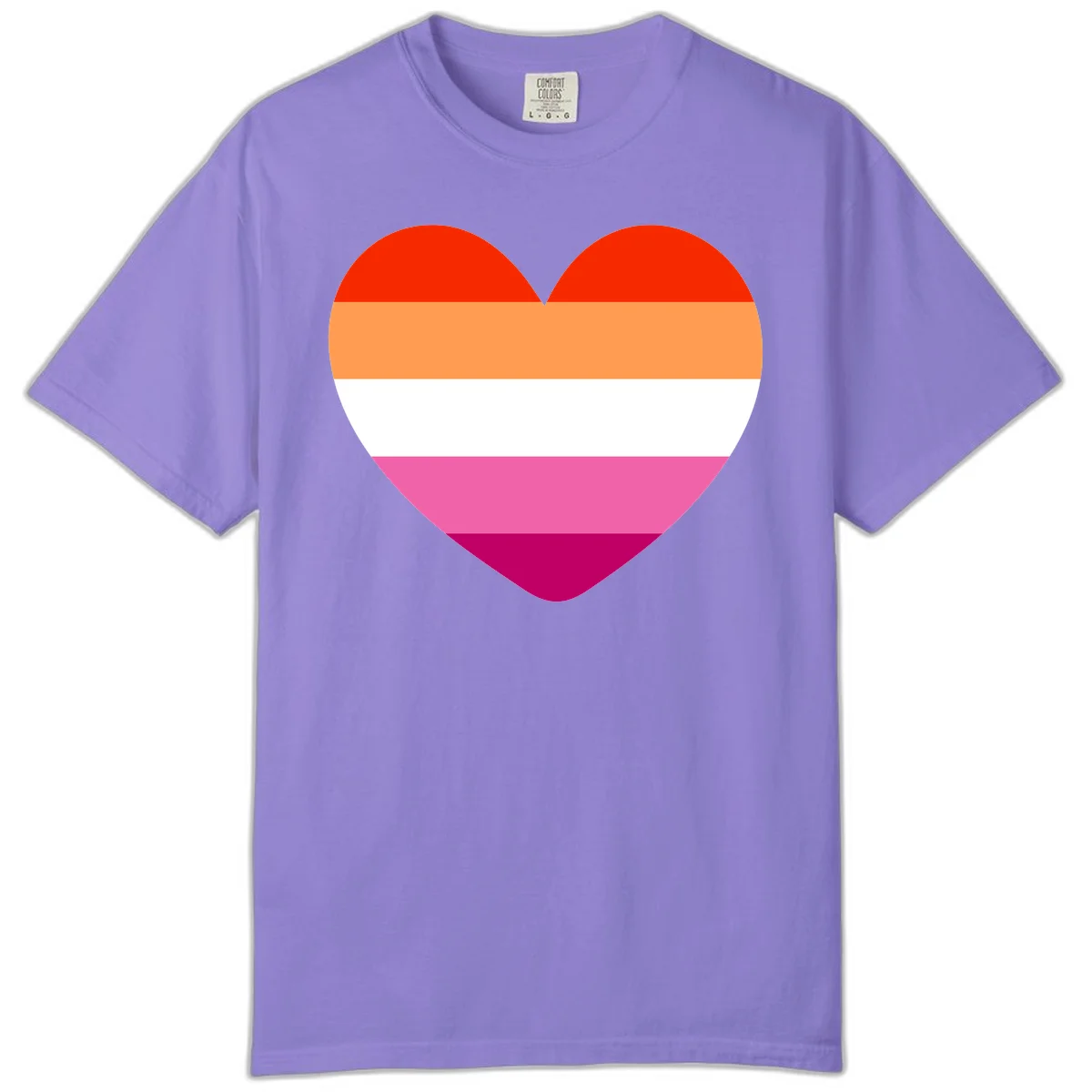 Heart shape filled with horizontal stripes in lesbian pride flag colors: red, orange, white, pink, and magenta in Violet