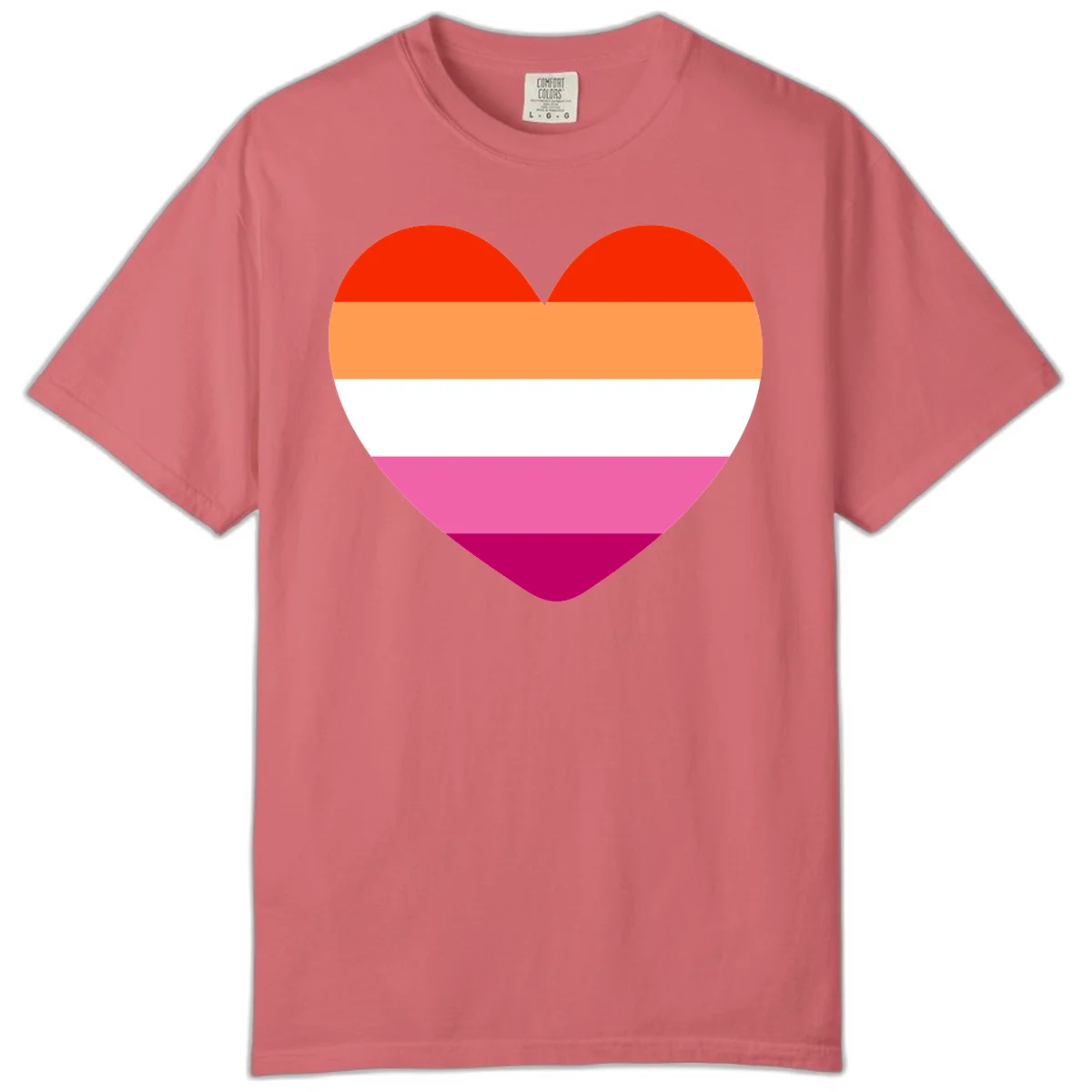 Heart shape filled with horizontal stripes in lesbian pride flag colors: red, orange, white, pink, and magenta in Watermelon