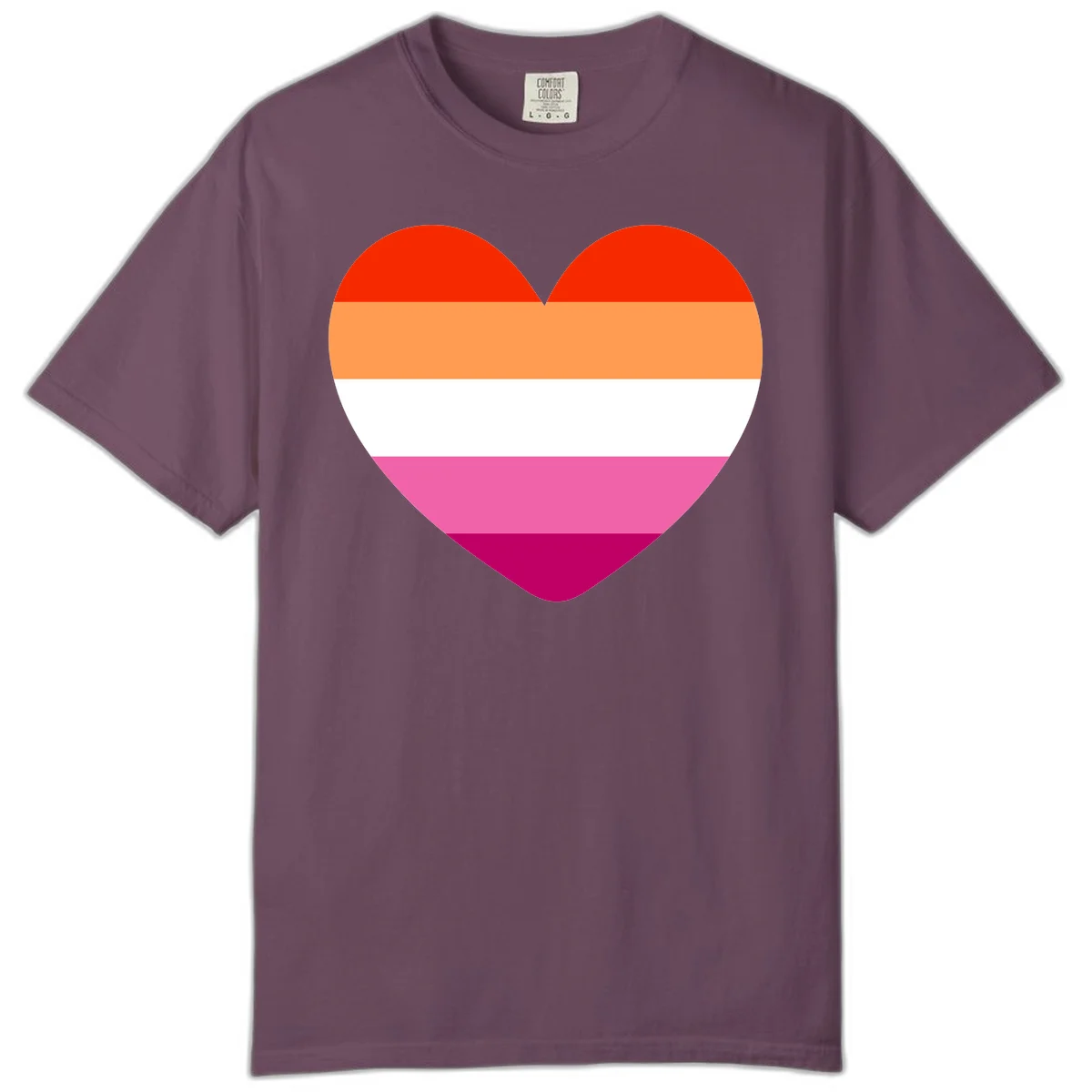 Heart shape filled with horizontal stripes in lesbian pride flag colors: red, orange, white, pink, and magenta in Berry