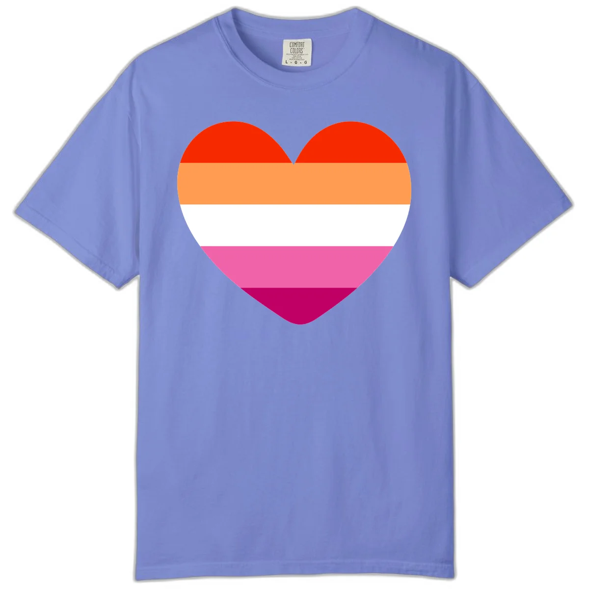 Heart shape filled with horizontal stripes in lesbian pride flag colors: red, orange, white, pink, and magenta in Flo Blue
