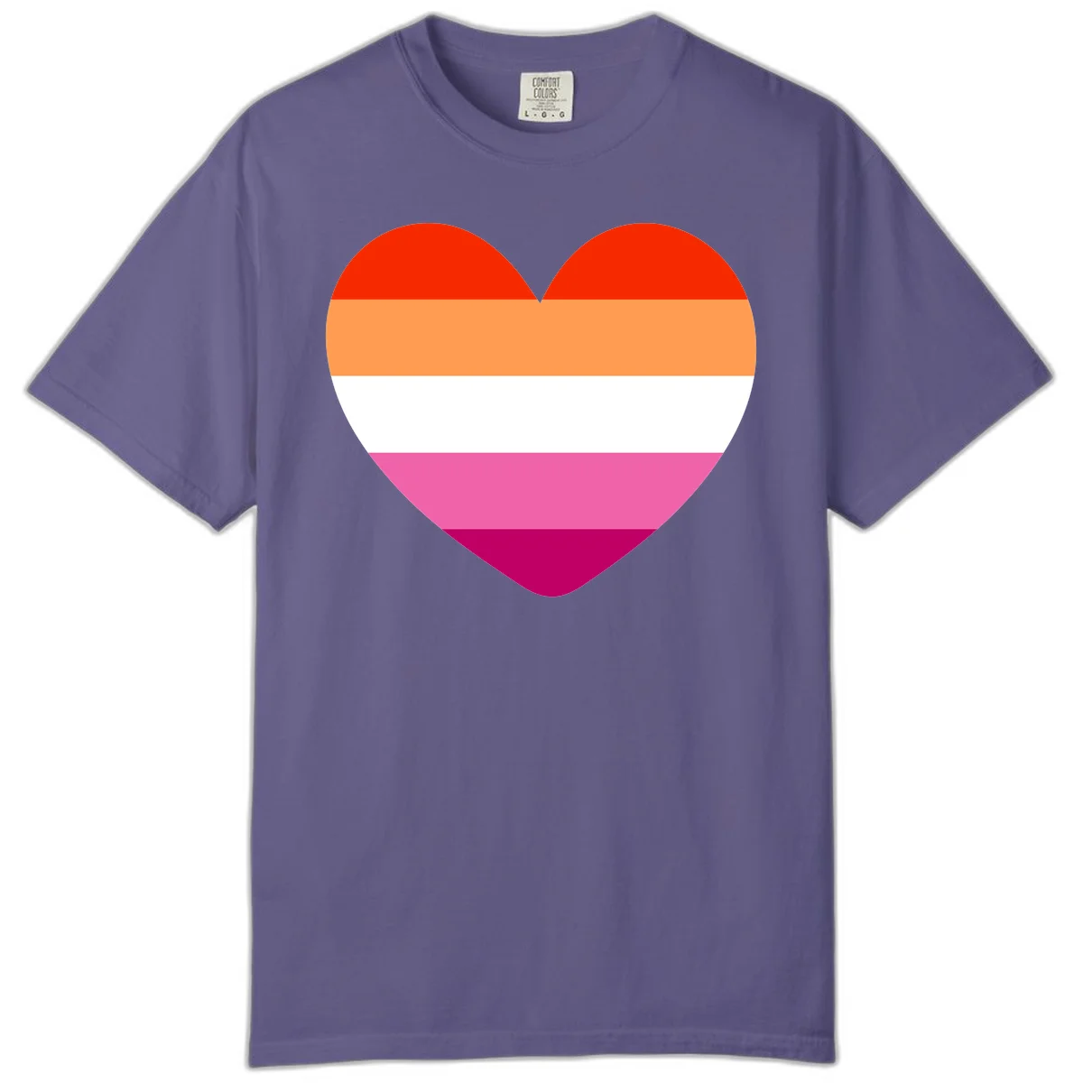 Heart shape filled with horizontal stripes in lesbian pride flag colors: red, orange, white, pink, and magenta in Grape