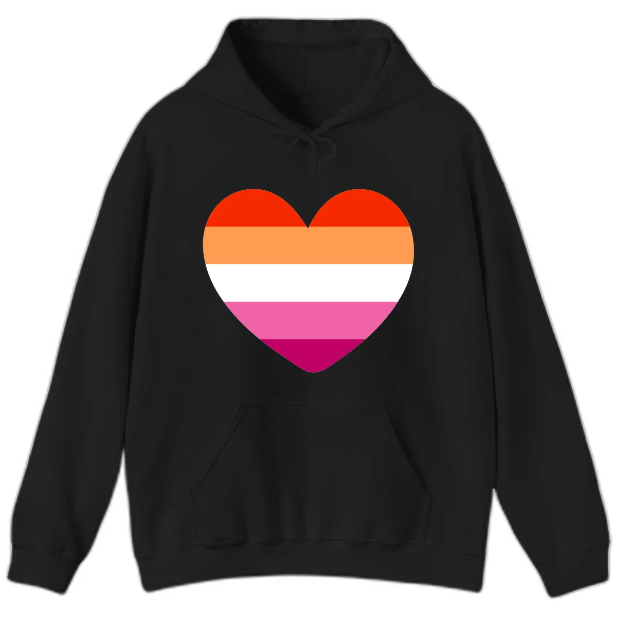 Heart shape filled with horizontal stripes in lesbian pride flag colors: red, orange, white, pink, and magenta in Black
