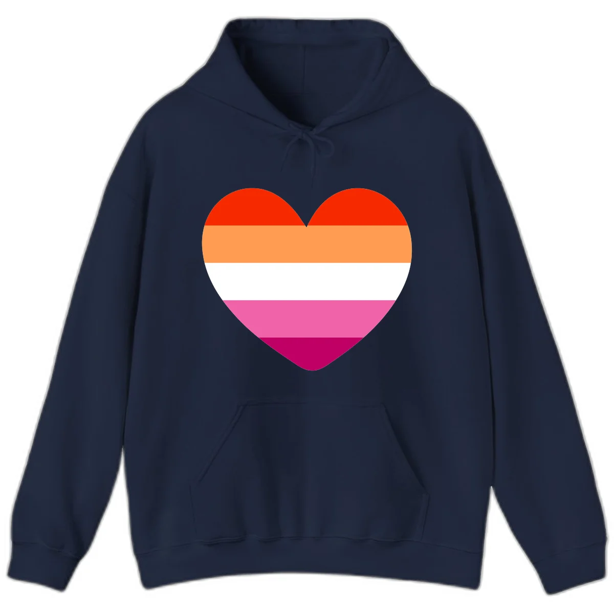 Heart shape filled with horizontal stripes in lesbian pride flag colors: red, orange, white, pink, and magenta in Navy