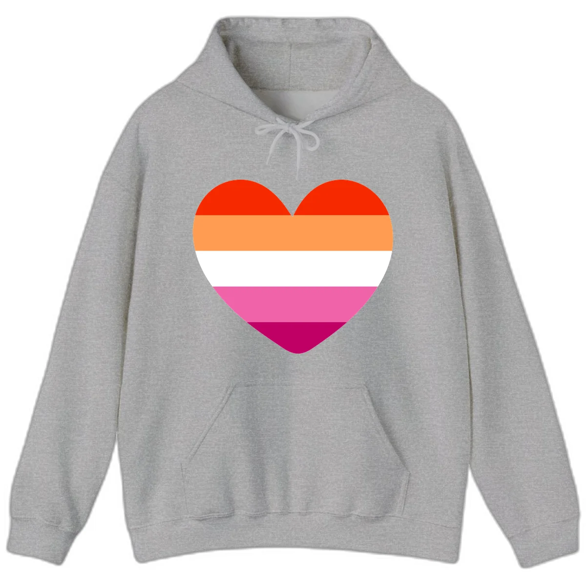 Heart shape filled with horizontal stripes in lesbian pride flag colors: red, orange, white, pink, and magenta in Sport Grey
