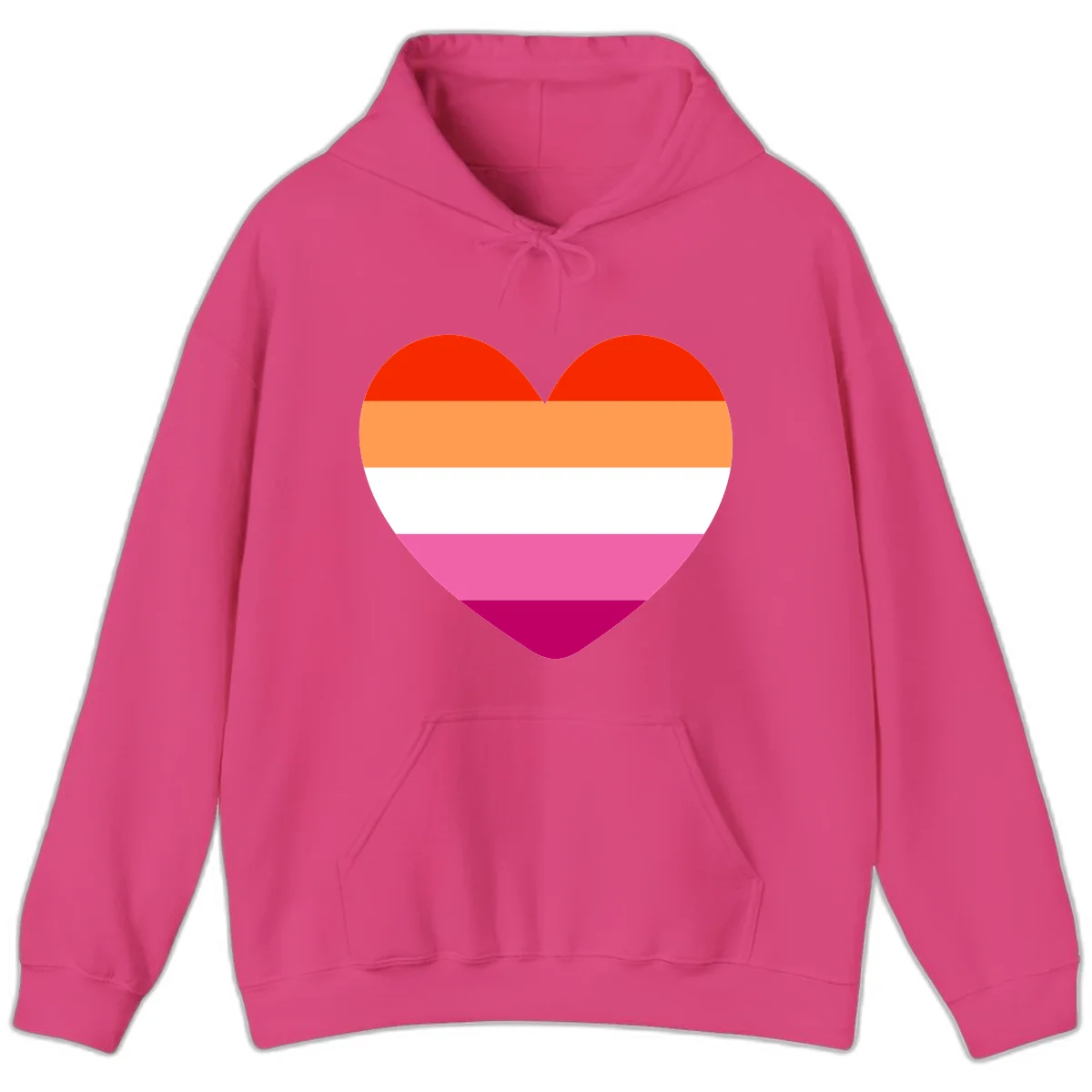 Heart shape filled with horizontal stripes in lesbian pride flag colors: red, orange, white, pink, and magenta in Heliconia