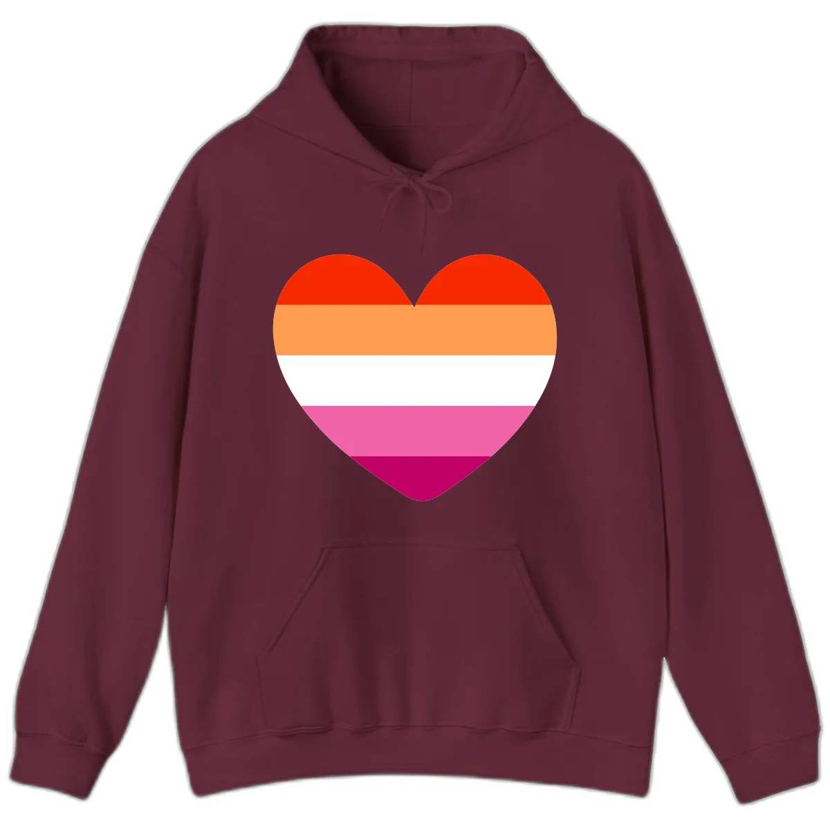 Heart shape filled with horizontal stripes in lesbian pride flag colors: red, orange, white, pink, and magenta in Maroon