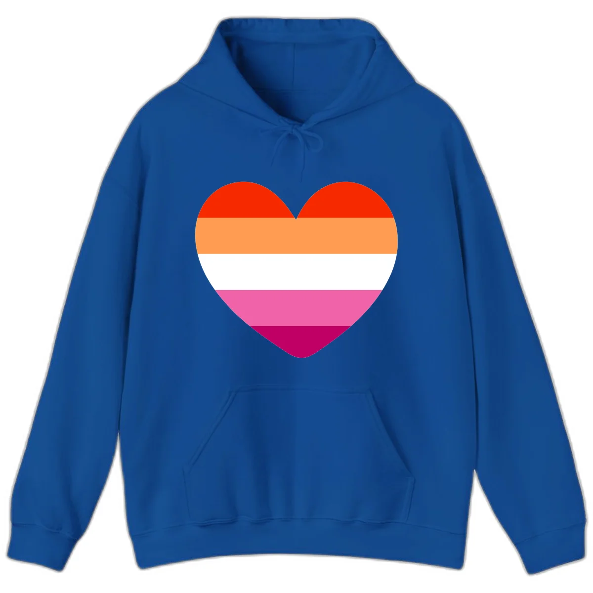 Heart shape filled with horizontal stripes in lesbian pride flag colors: red, orange, white, pink, and magenta in Royal