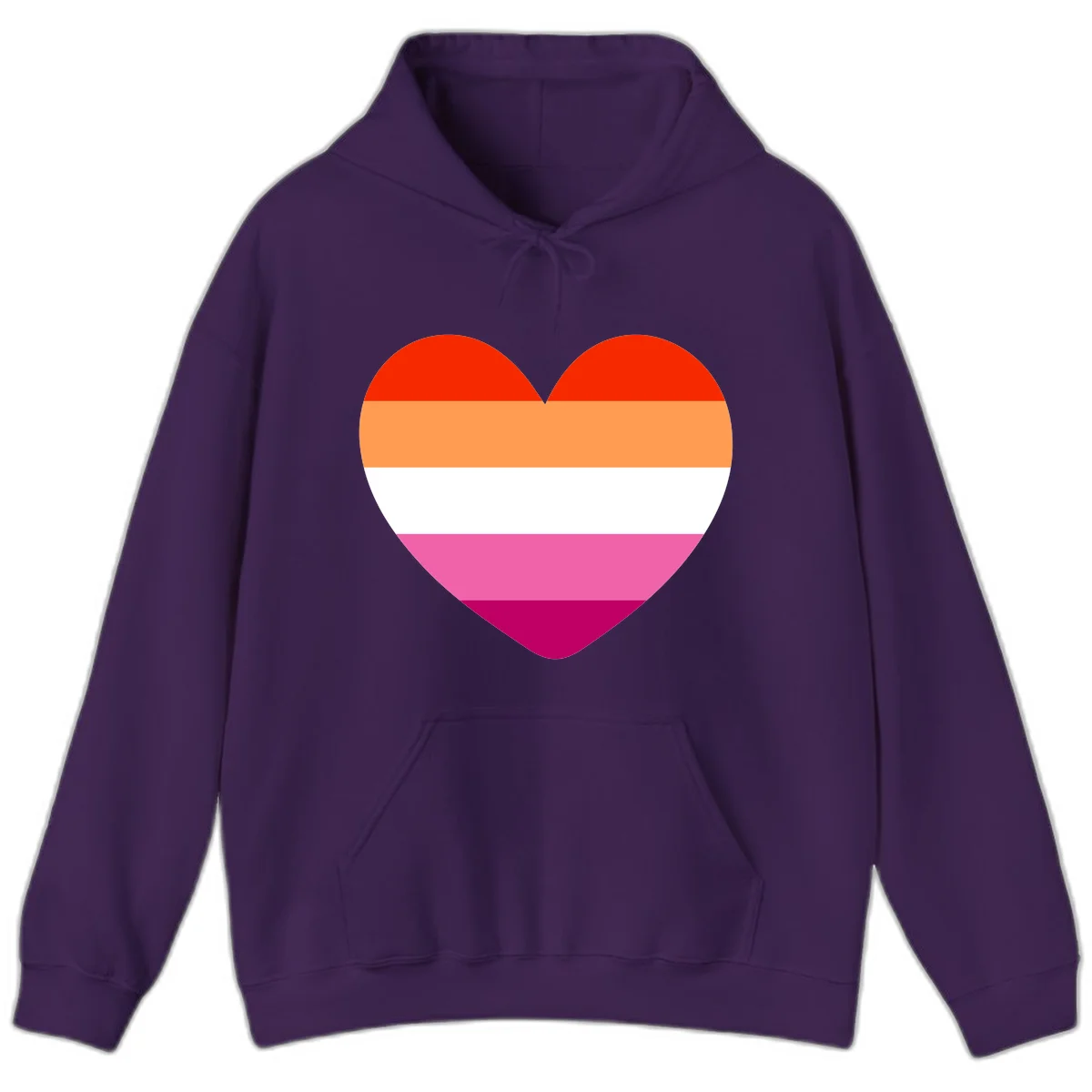 Heart shape filled with horizontal stripes in lesbian pride flag colors: red, orange, white, pink, and magenta in Purple