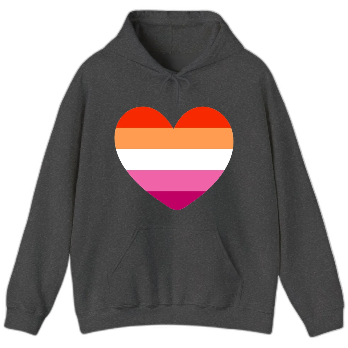 Heart shape filled with horizontal stripes in lesbian pride flag colors: red, orange, white, pink, and magenta in Dark Heather